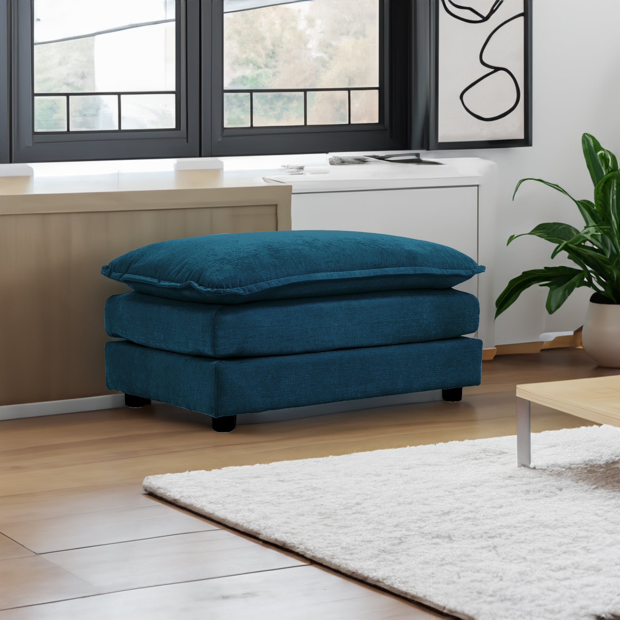 Blue Chenille Fabric Ottoman