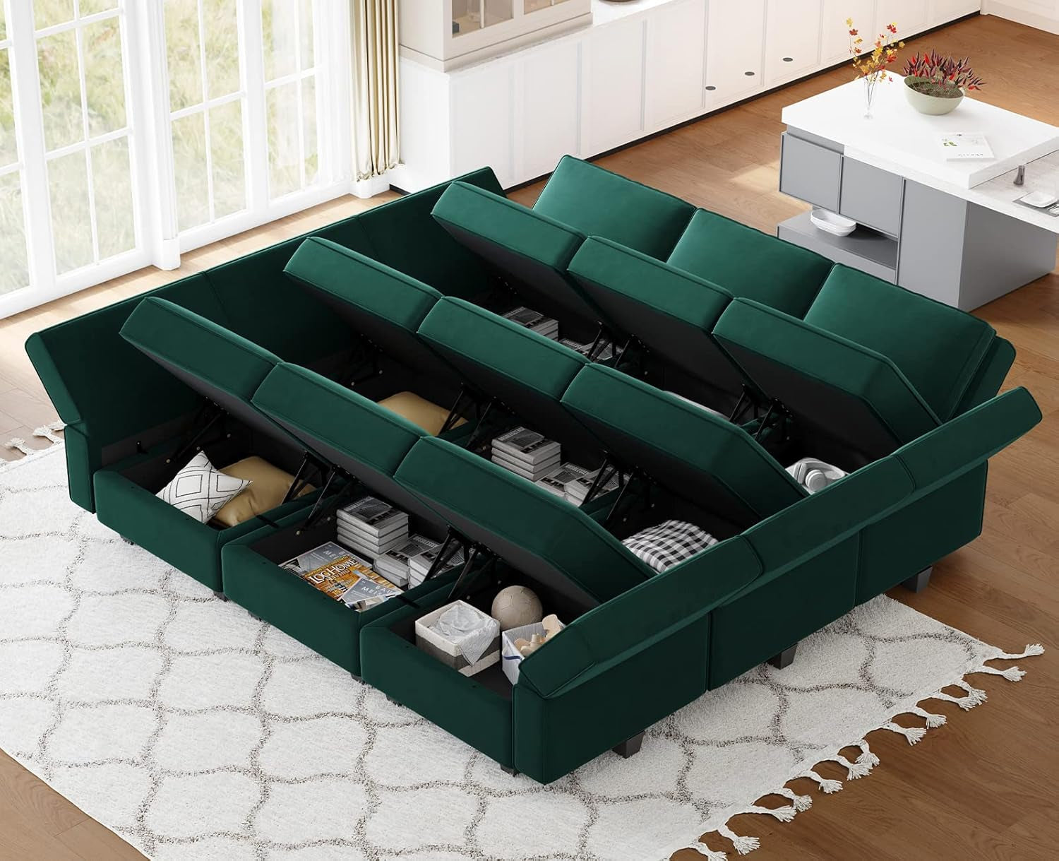 Luxurious Emerald Green Velvet Modular Sleeper Sofa