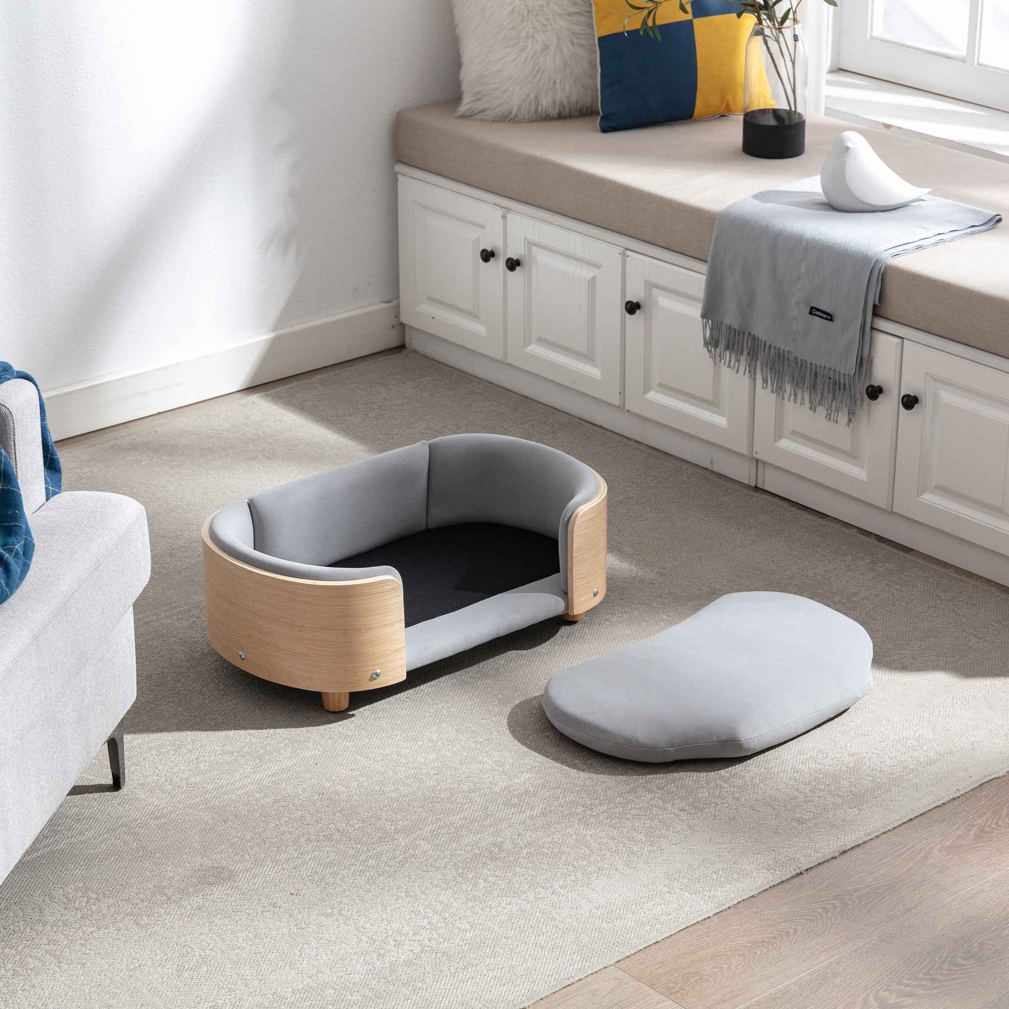 Scandinavian Velvet Pet Sofa Bed With Solid Wood Legs and Bent Wood Back- Small Size