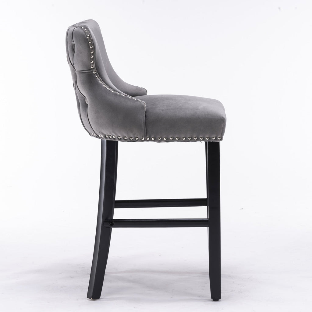 Velvet Upholstered Wing-Back Barstools with Button Tufted Decoration and Wooden Legs -Gray