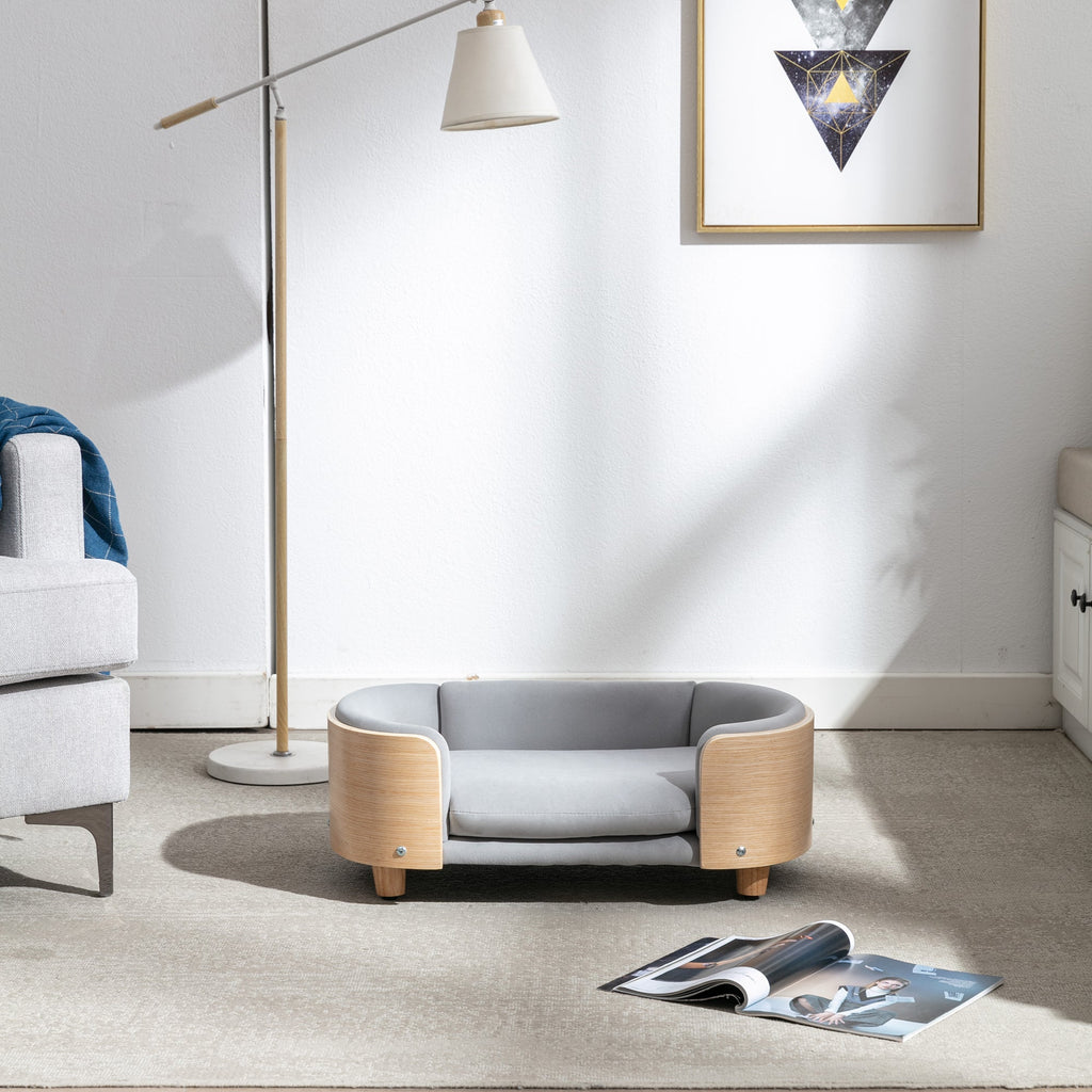 Scandinavian Velvet Pet Sofa Bed With Solid Wood Legs and Bent Wood Back- Small Size