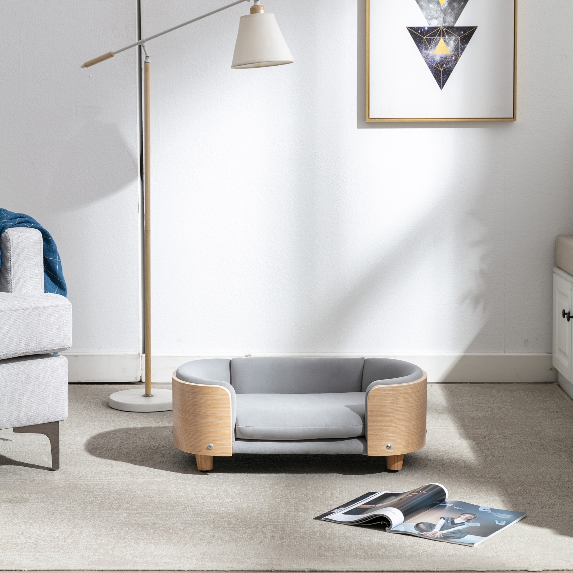 Scandinavian Velvet Pet Sofa Bed With Solid Wood Legs and Bent Wood Back- Small Size