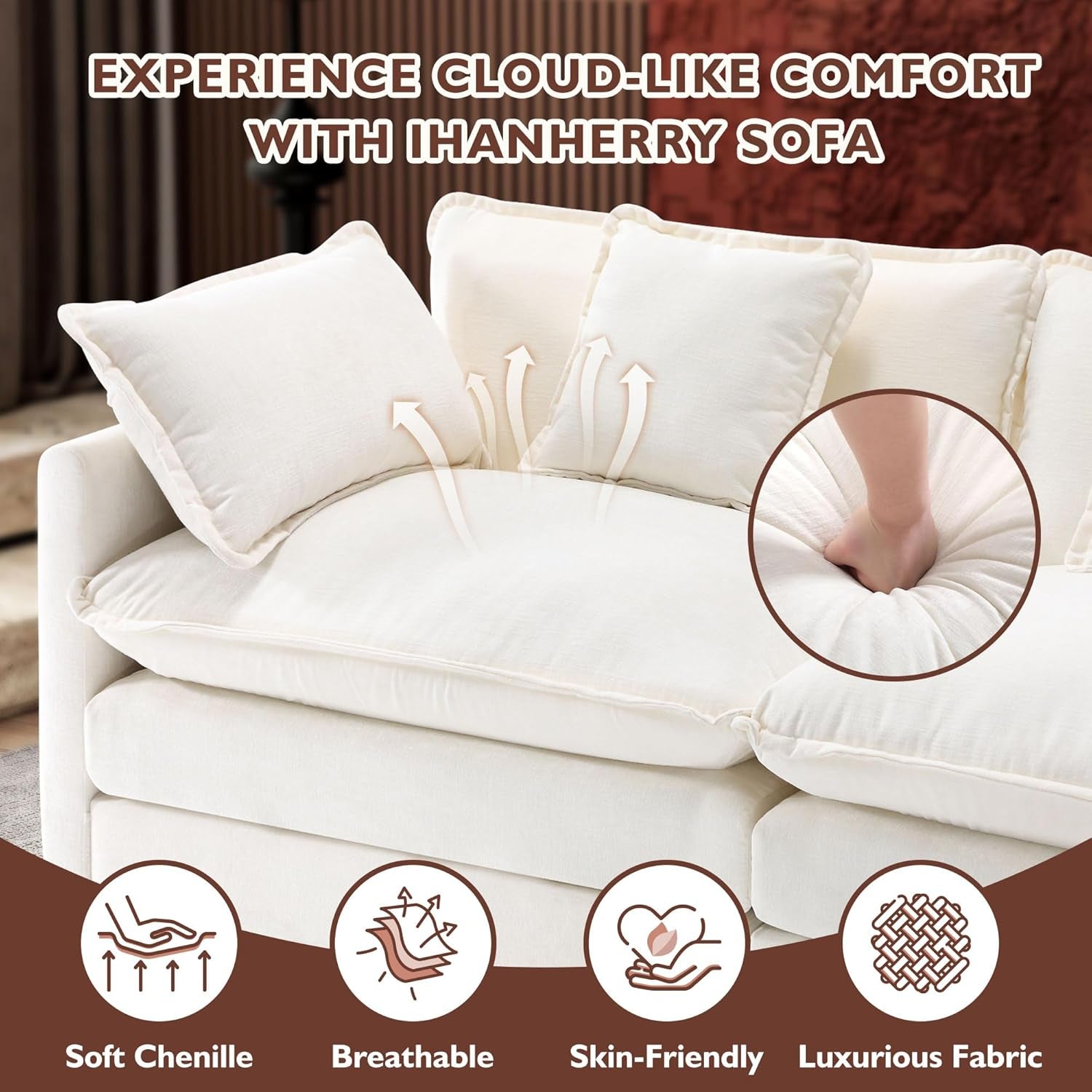 Cloud Sectional Sofa With Breathable Chenille Fabric - Beige