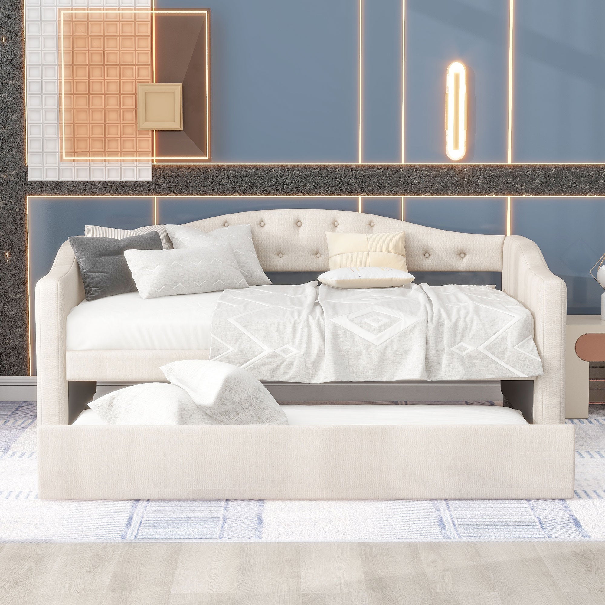 Upholstered Twin Size Daybed with Trundle - Beige