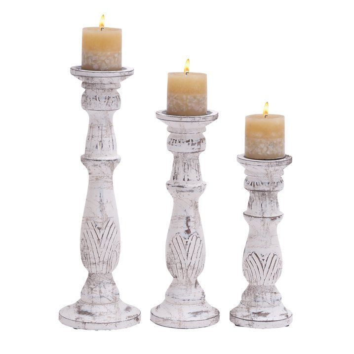 White Mango Wood Candle Holders, Set of 3