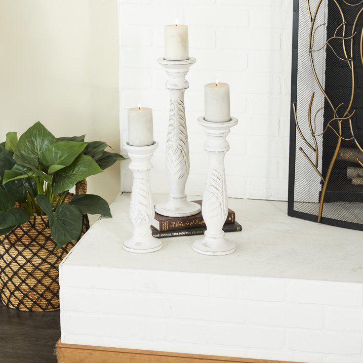 White Mango Wood Candle Holders, Set of 3
