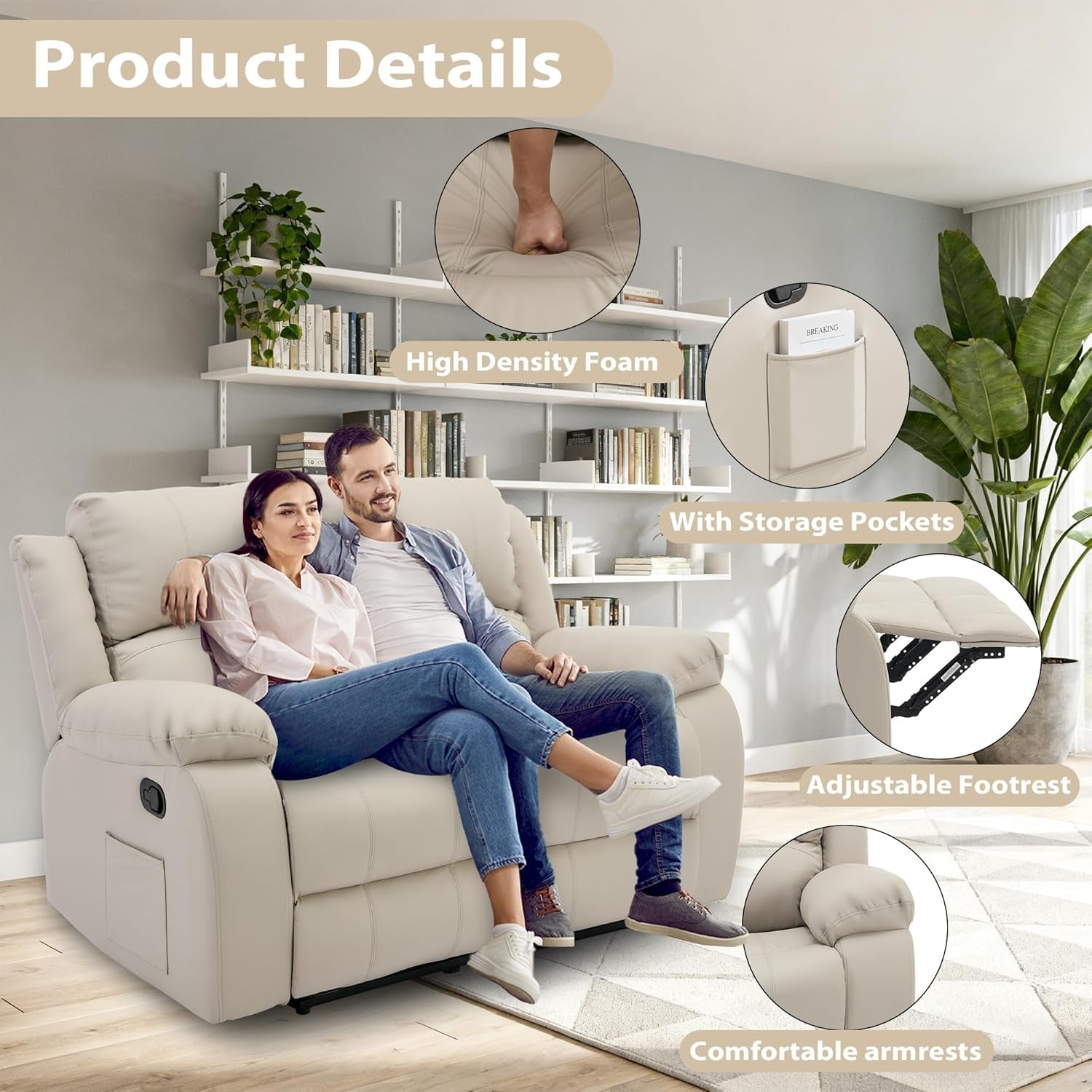 Beige Manual Leather Loveseat Recliner Sofa With Pockets