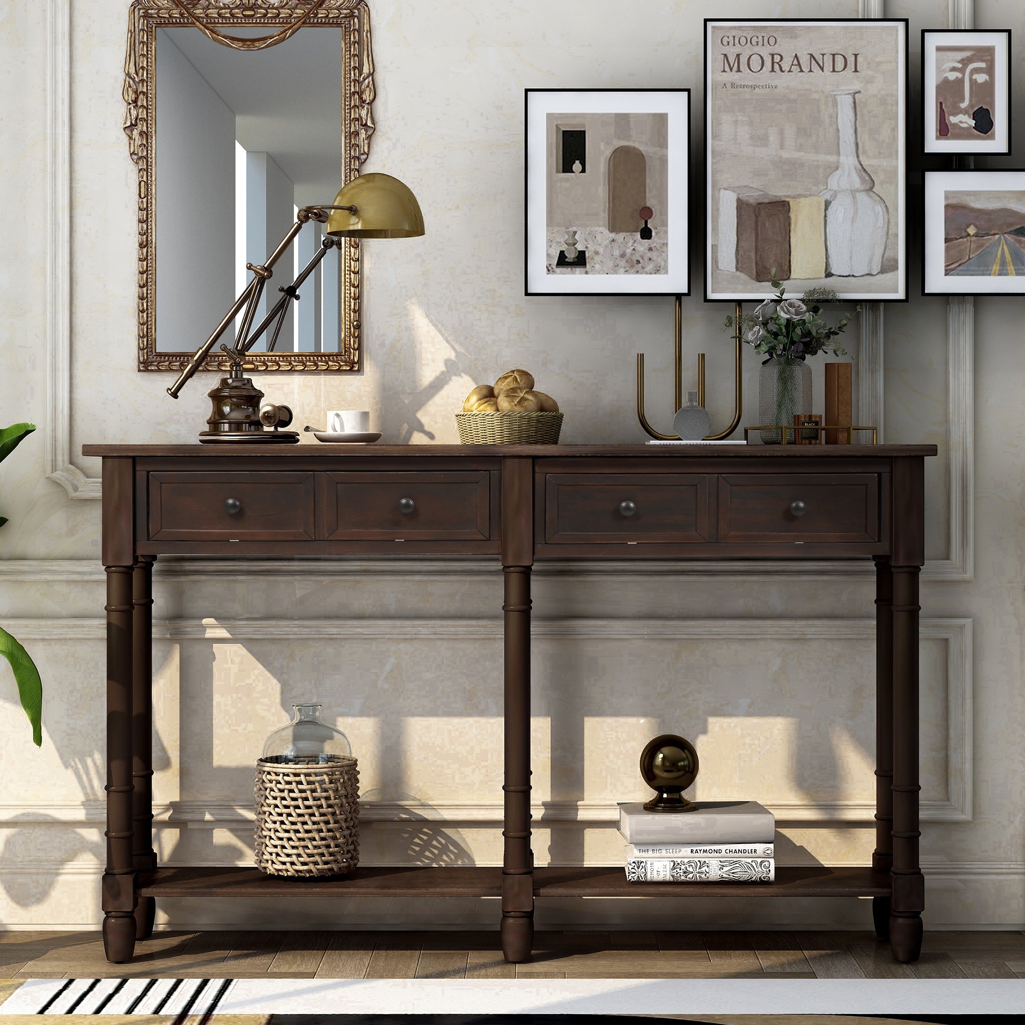 Rustic Entryway Console Table with Drawers and Bottom Shelf for Storage (Espresso)
