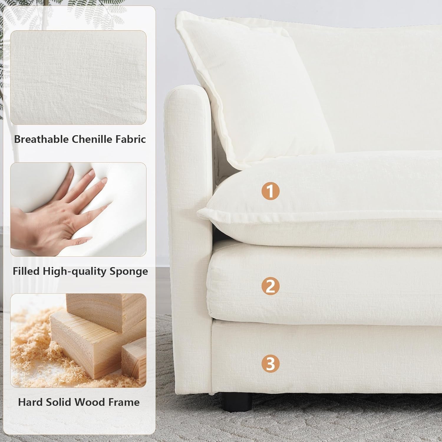 3 Piece Chenille Sofa Set with 7 Pillows - Beige