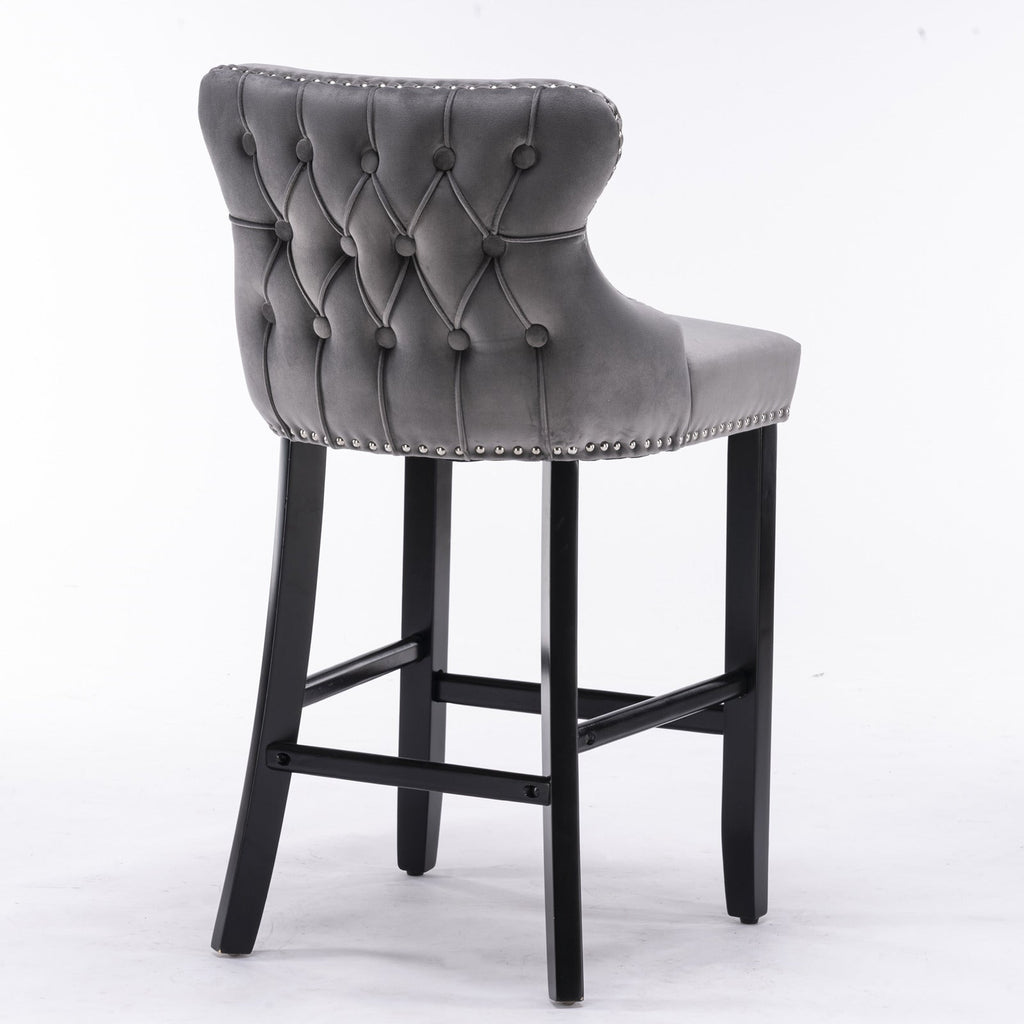 Velvet Upholstered Wing-Back Barstools with Button Tufted Decoration and Wooden Legs -Gray