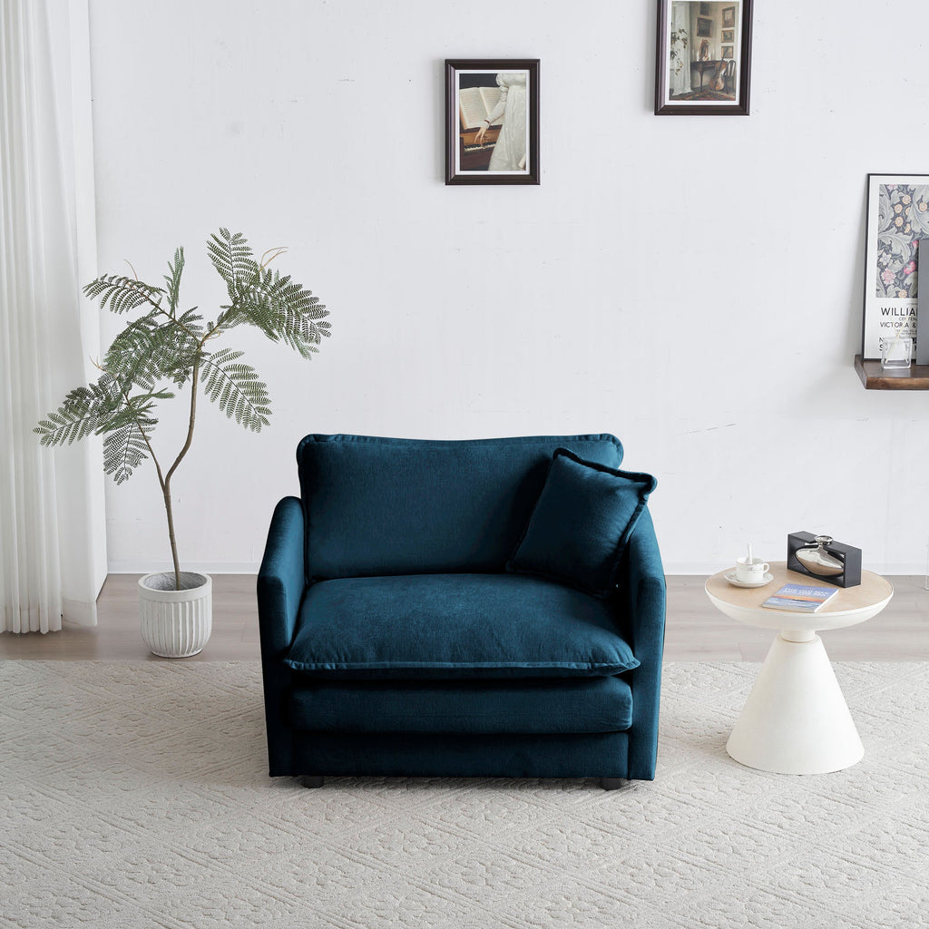 Comfy Deep Single Seat Upholstered Armchair with Blue Chenille Fabric, 1 Toss Pillow