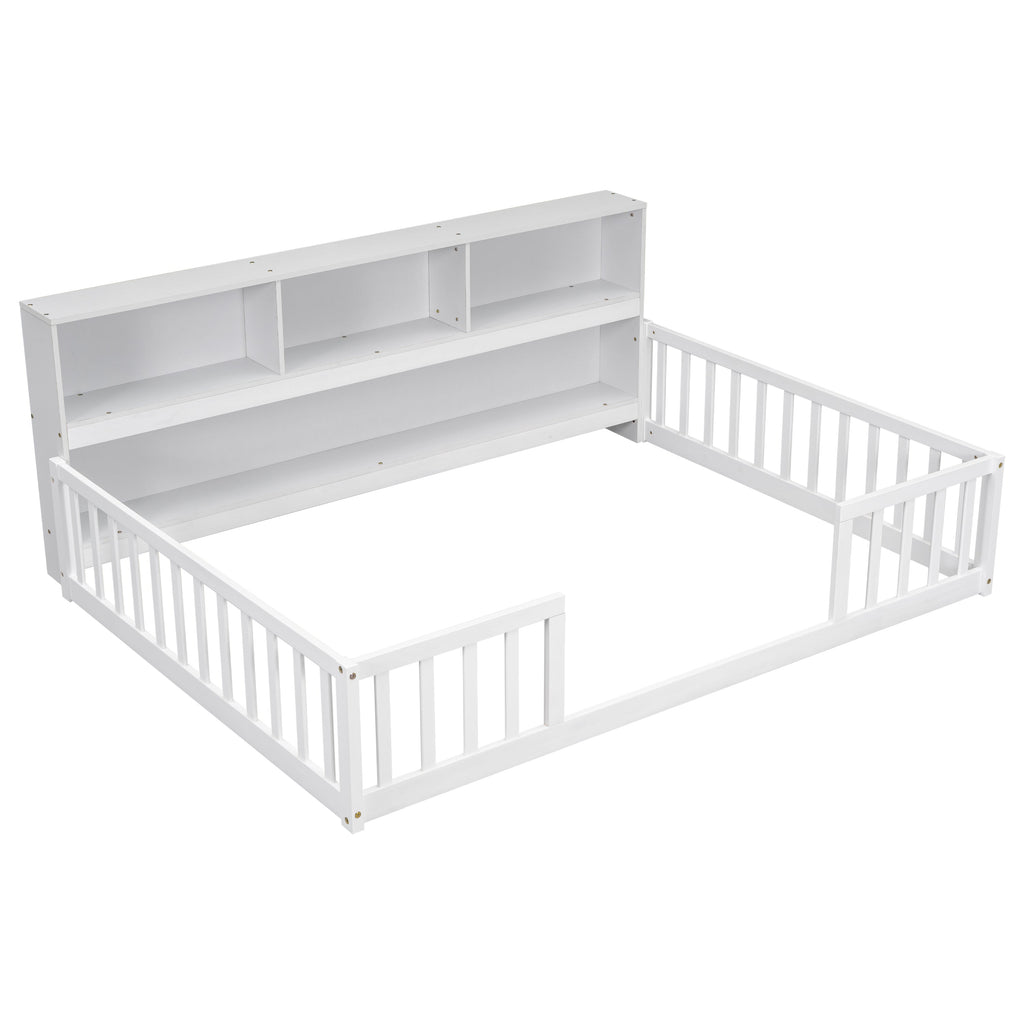 Toddler Full Bed with Side Bookcase,Shelves, & Guardrails - White