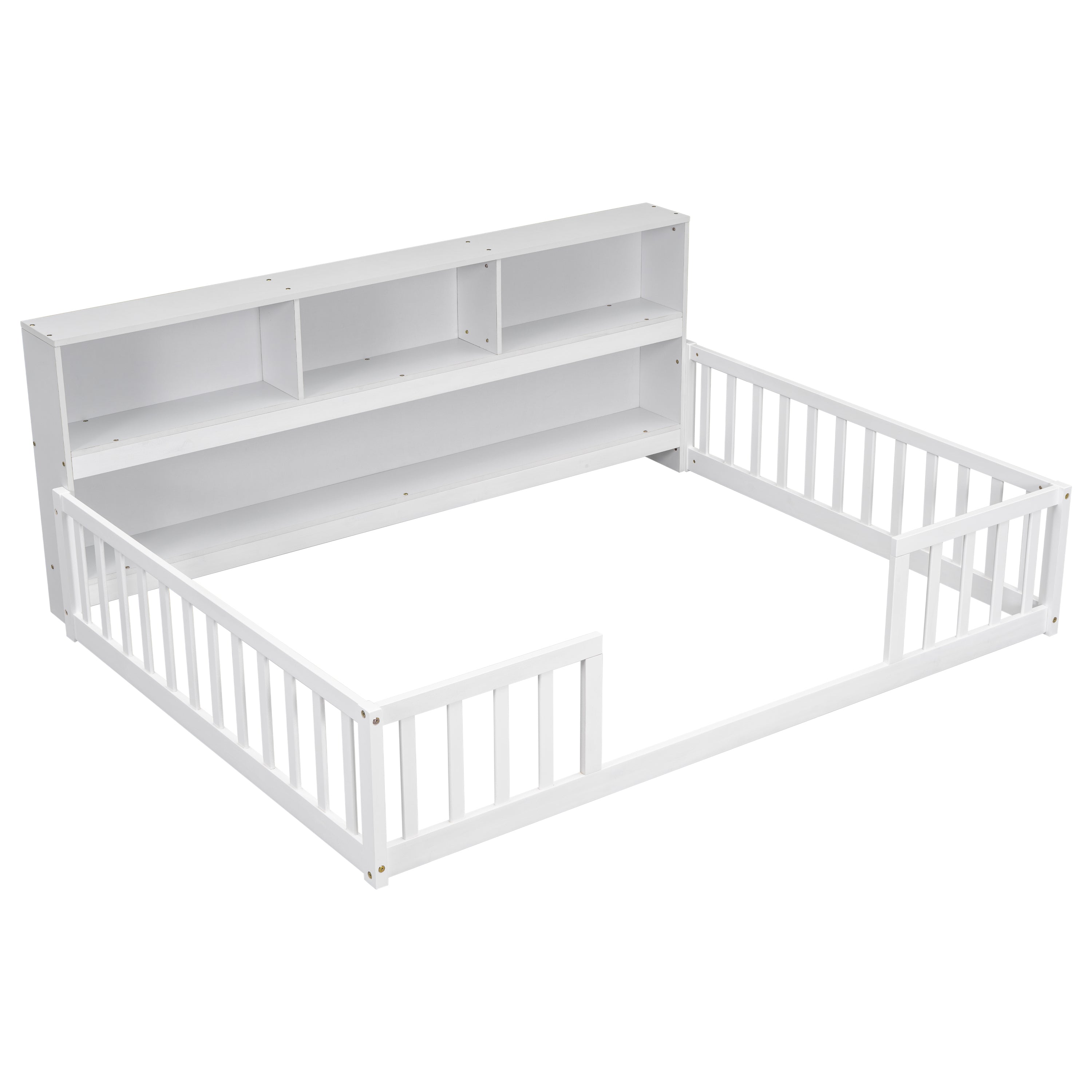 Toddler Full Bed with Side Bookcase,Shelves, & Guardrails - White