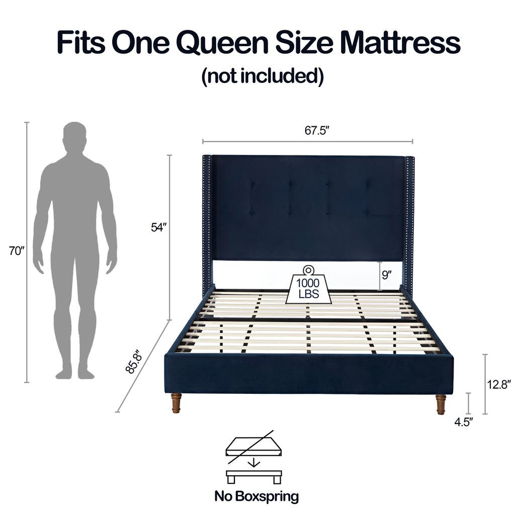 Peyton Upholstered Queen Bed with High Headboard and Traditional Buttoned Tufting in Blue Velvet