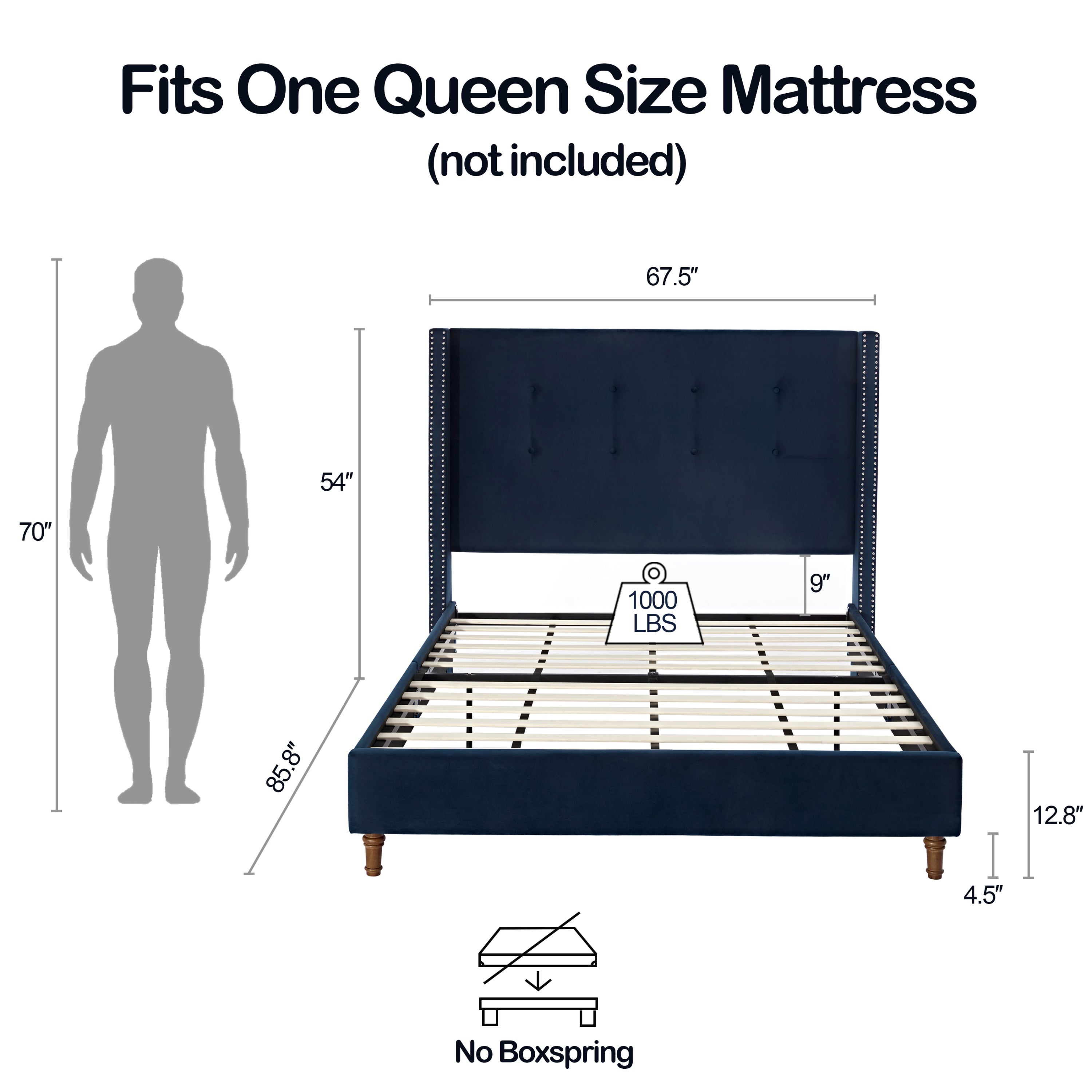 Peyton Upholstered Queen Bed with High Headboard and Traditional Buttoned Tufting in Blue Velvet