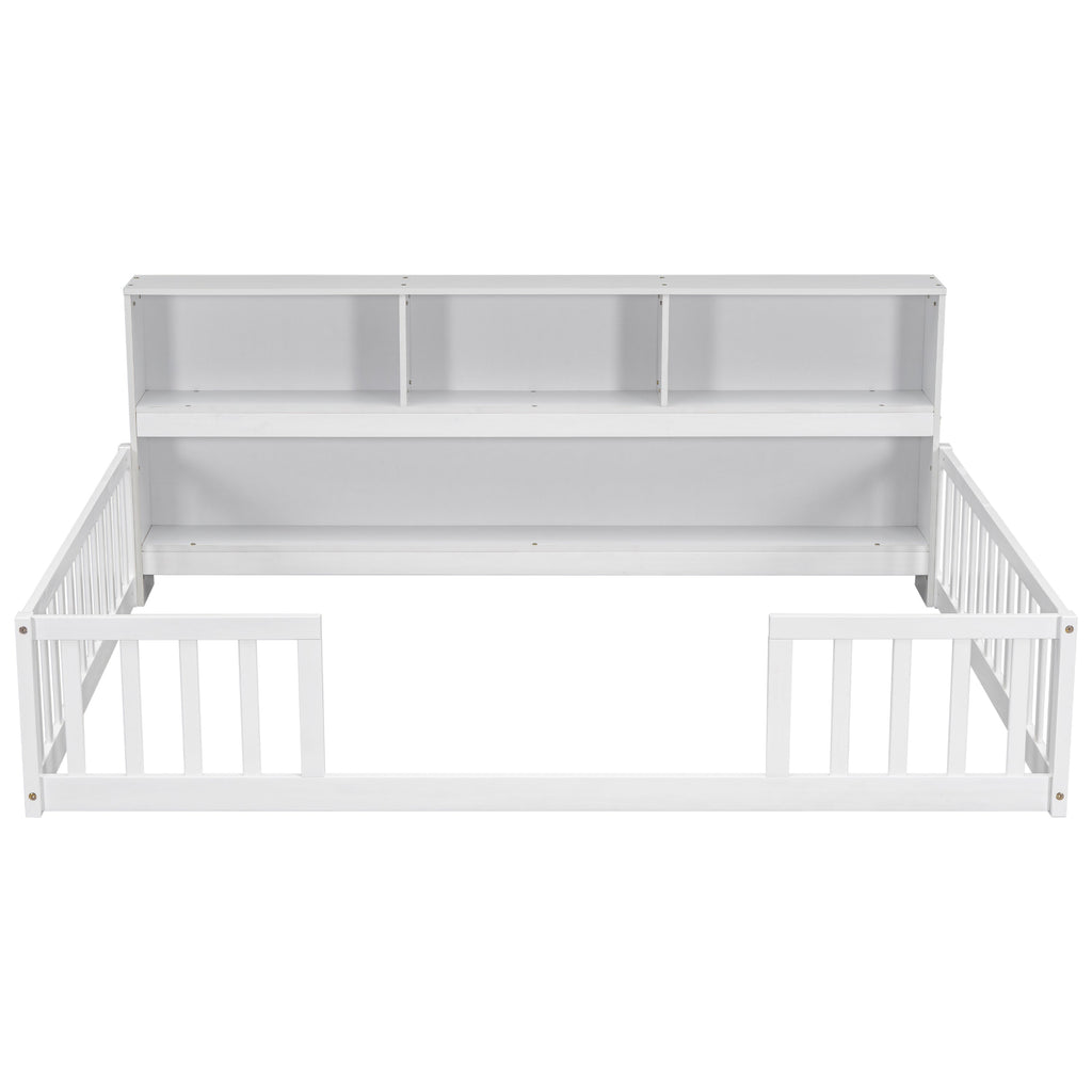 Toddler Full Bed with Side Bookcase,Shelves, & Guardrails - White