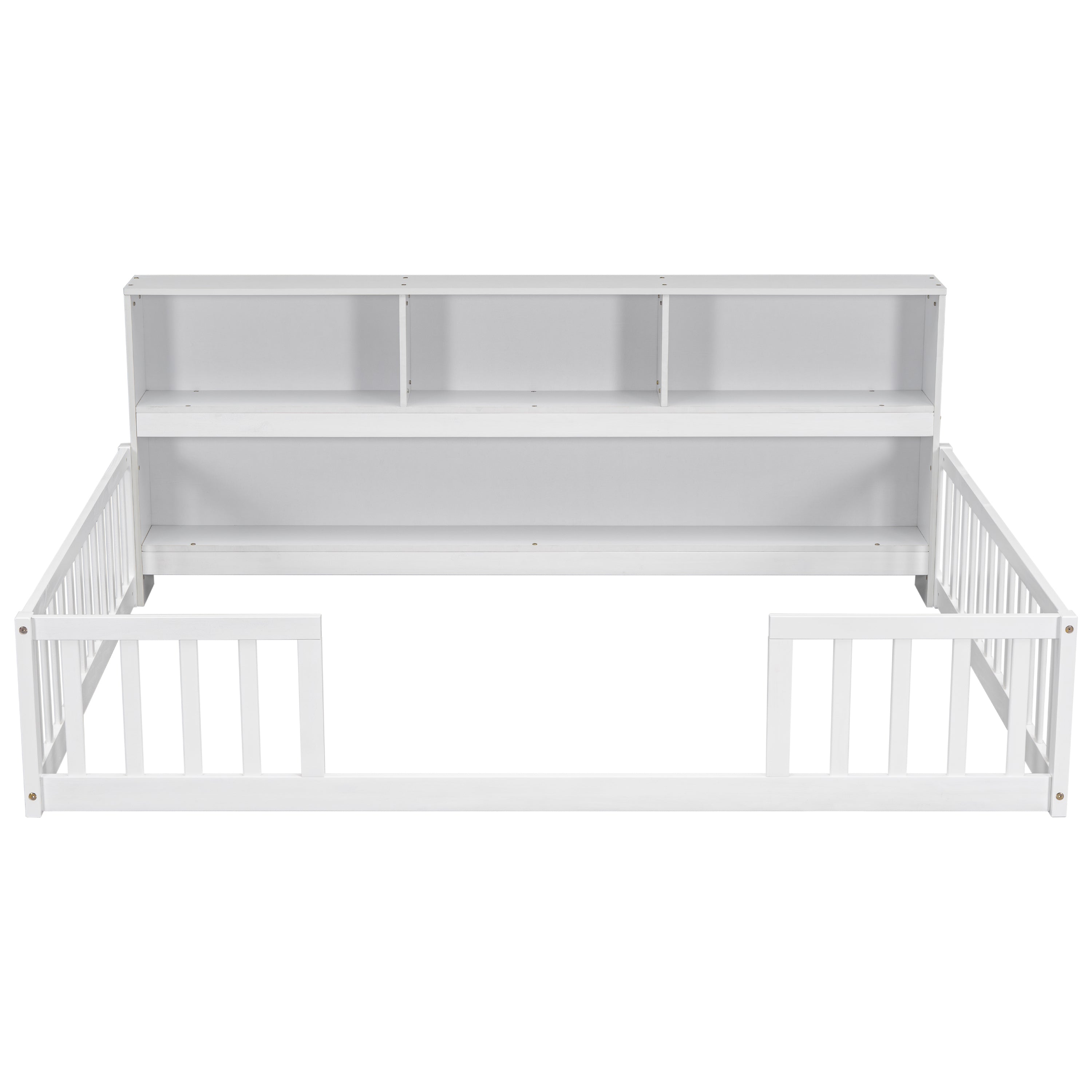 Toddler Full Bed with Side Bookcase,Shelves, & Guardrails - White