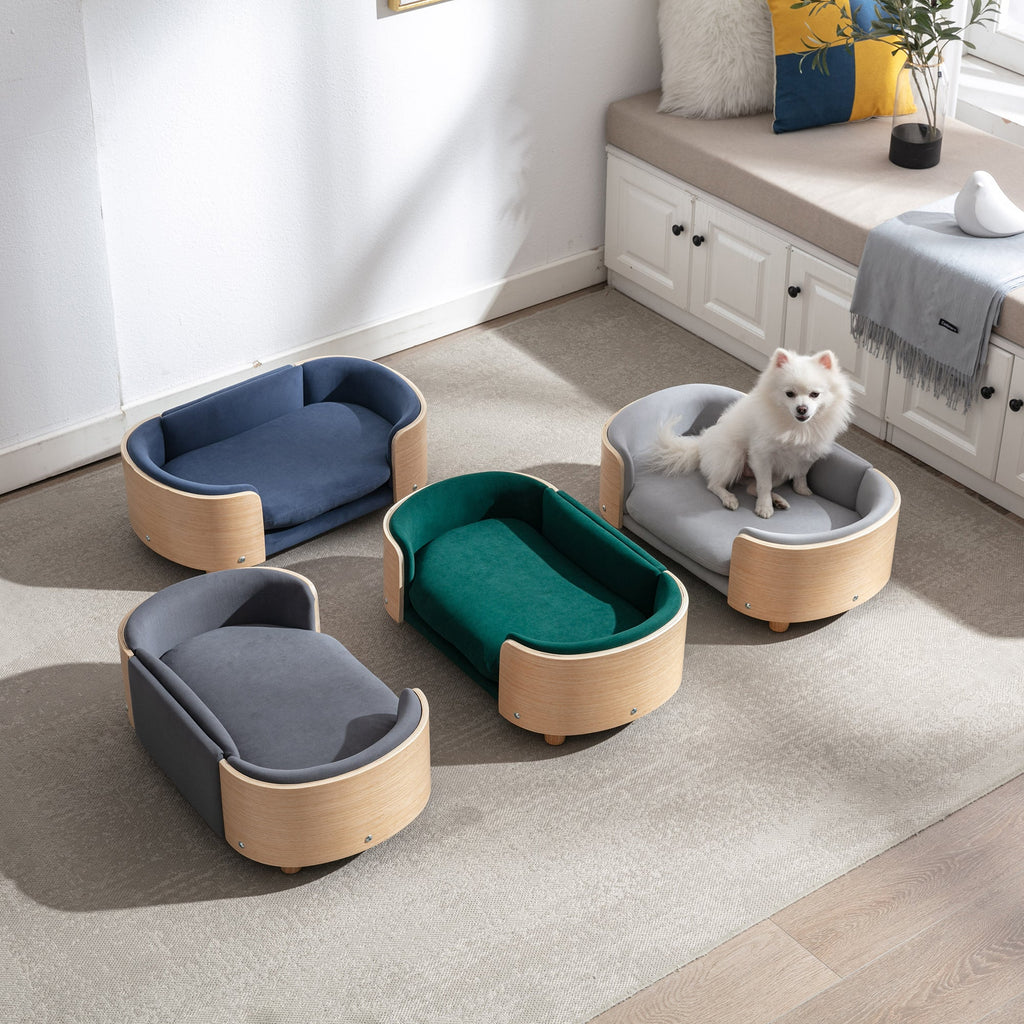 Scandinavian Velvet Pet Sofa Bed With Solid Wood Legs and Bent Wood Back- Small Size