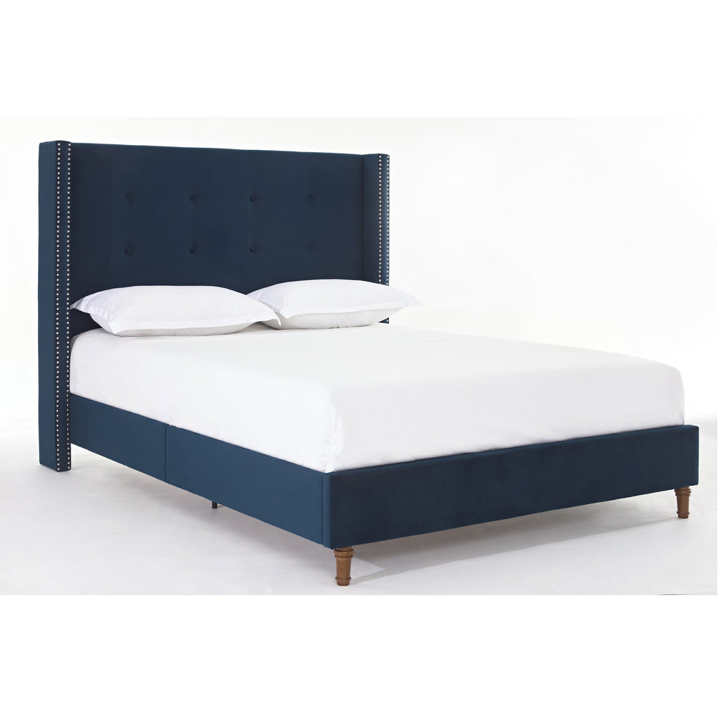 Peyton Upholstered Queen Bed with High Headboard and Traditional Buttoned Tufting in Blue Velvet