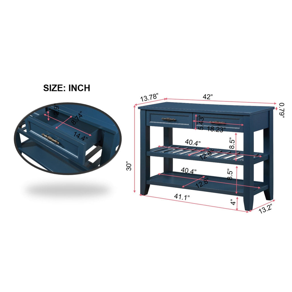 Mid-Century Style Solid Wood Buffet Sideboard with 2 Storage Drawers and 2 Tiers Shelves - Navy Blue