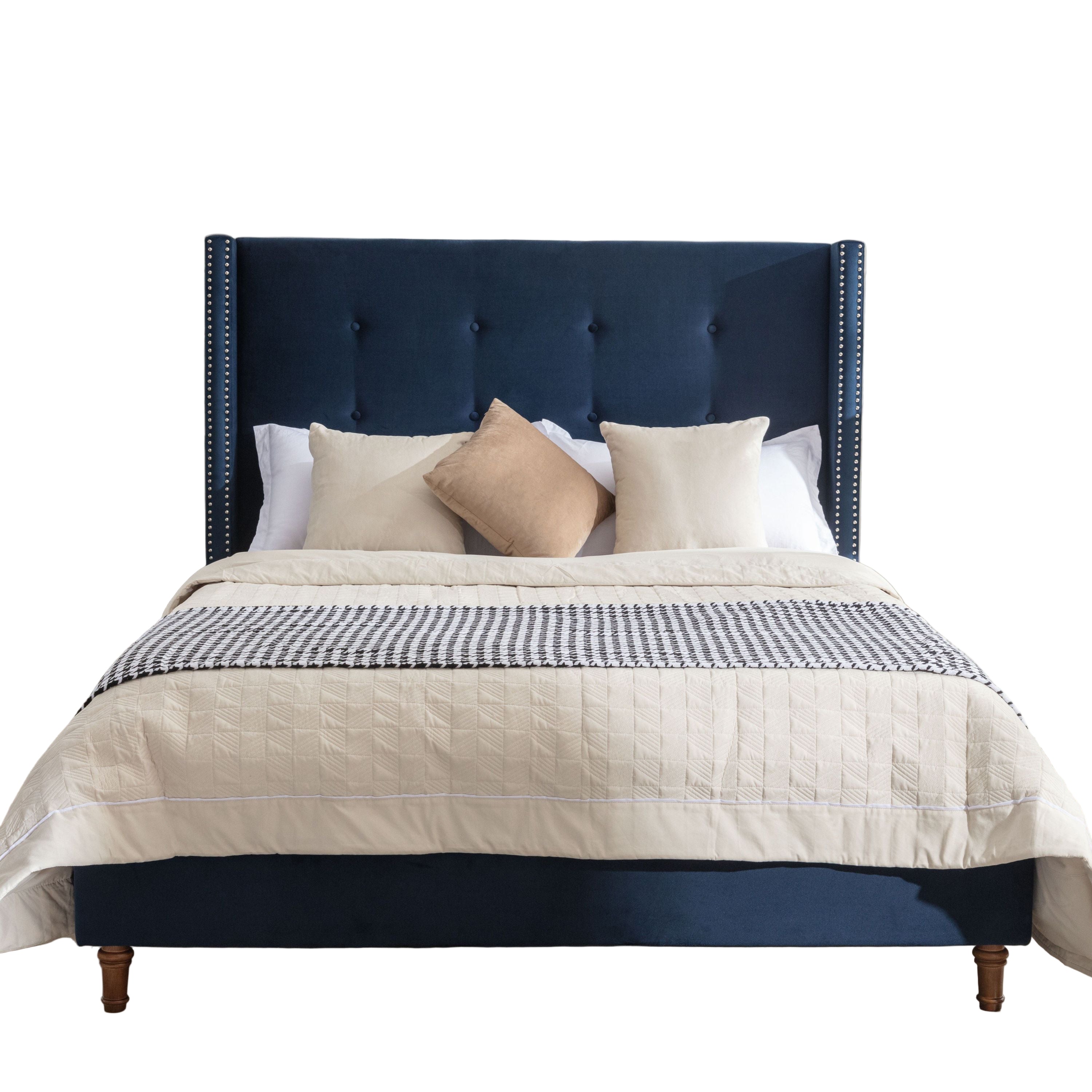 Peyton Upholstered Queen Bed with High Headboard and Traditional Buttoned Tufting in Blue Velvet