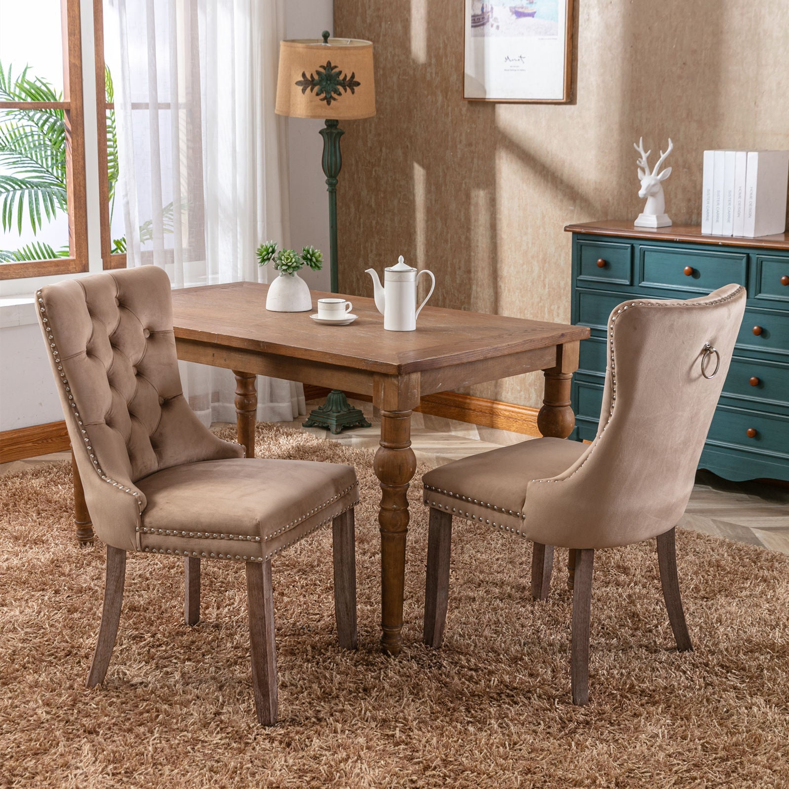High-End Tufted Solid Wood Velvet Upholstered Dining Chairs, 2-Pc Set Khaki