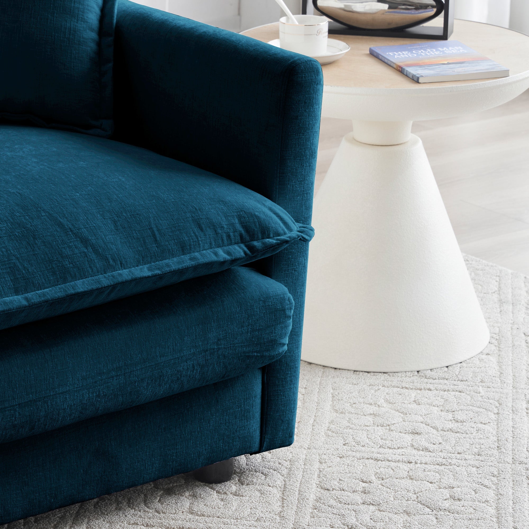 Comfy Oversized Chenille Armchair with Ottoman - Blue