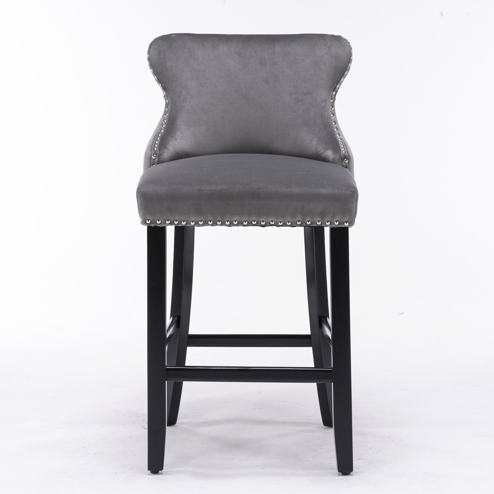 Velvet Upholstered Wing-Back Barstools with Button Tufted Decoration and Wooden Legs -Gray