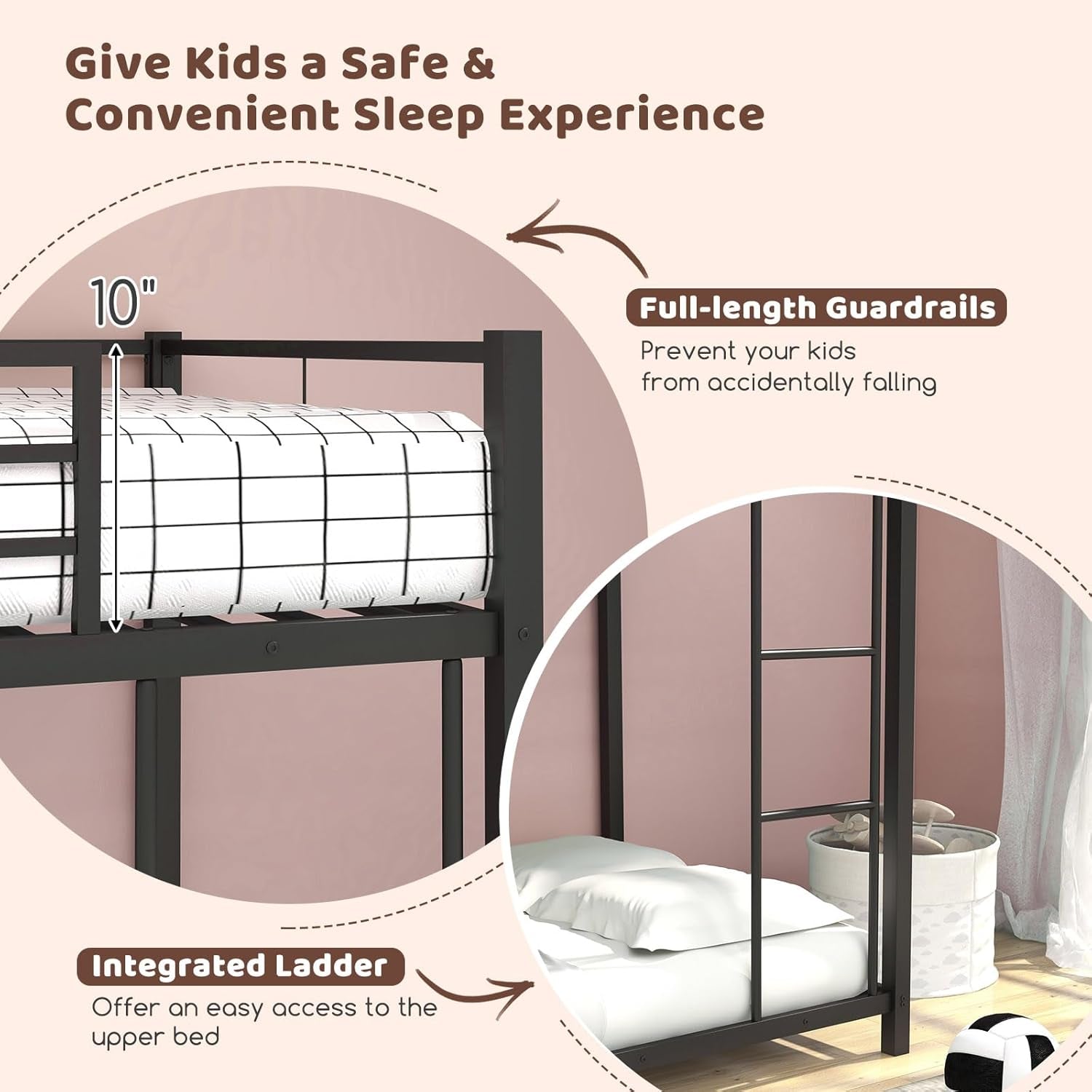 Metal Bunk Bed Twin Over Twin With Safety Guard Rails - Black