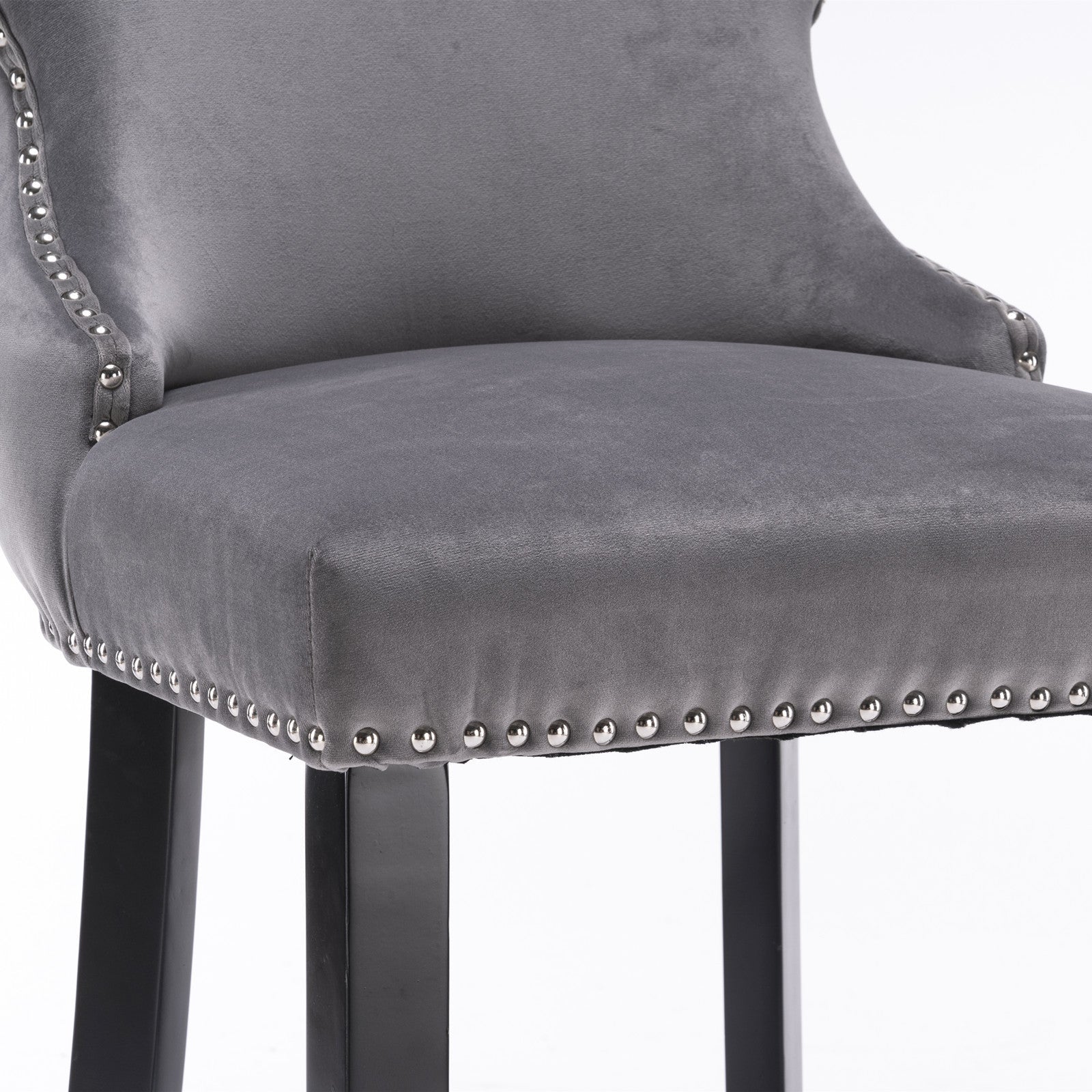 Velvet Upholstered Wing-Back Barstools with Button Tufted Decoration and Wooden Legs -Gray