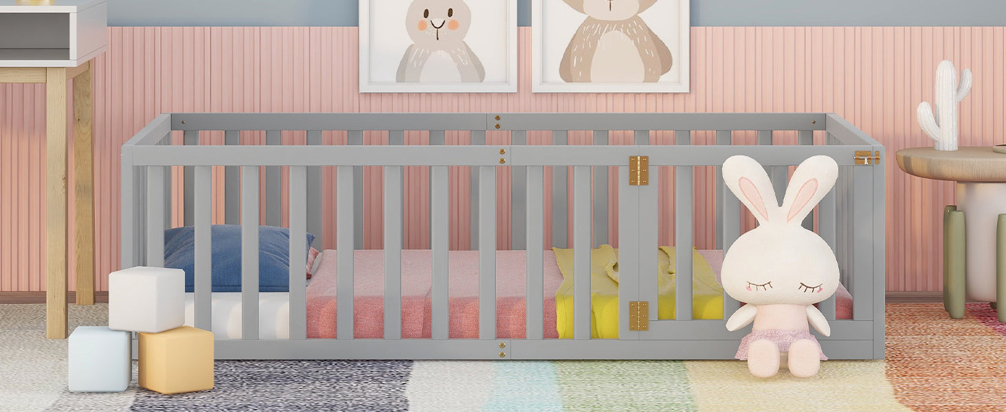 Twin Size Wood Daybed Frame with Fence Gray