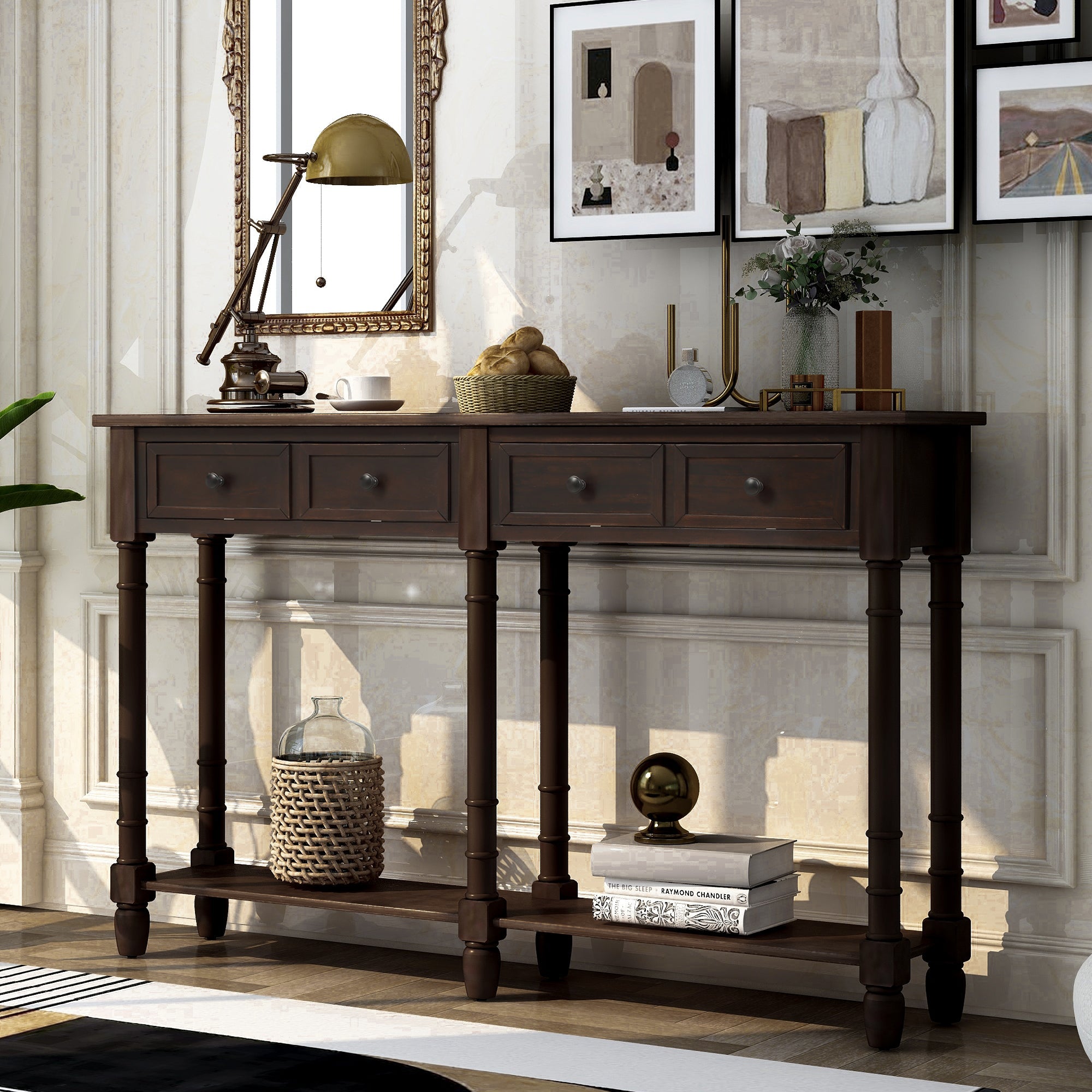 Rustic Entryway Console Table with Drawers and Bottom Shelf for Storage (Espresso)