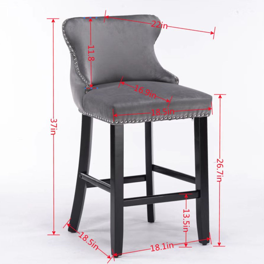Velvet Upholstered Wing-Back Barstools with Button Tufted Decoration and Wooden Legs -Gray