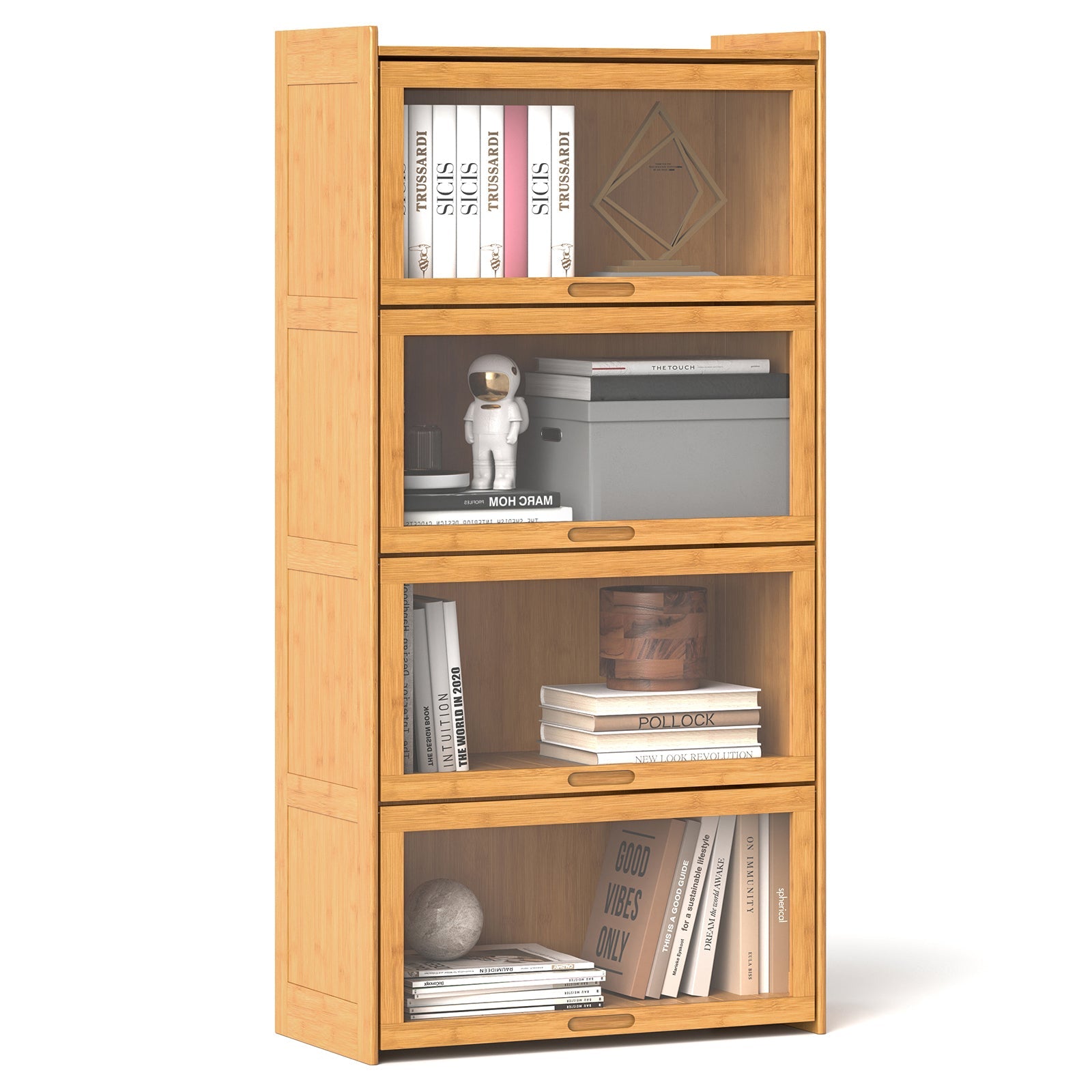 4-Tier Bamboo Bookcase with Doors for Study Room Living Room-Natural