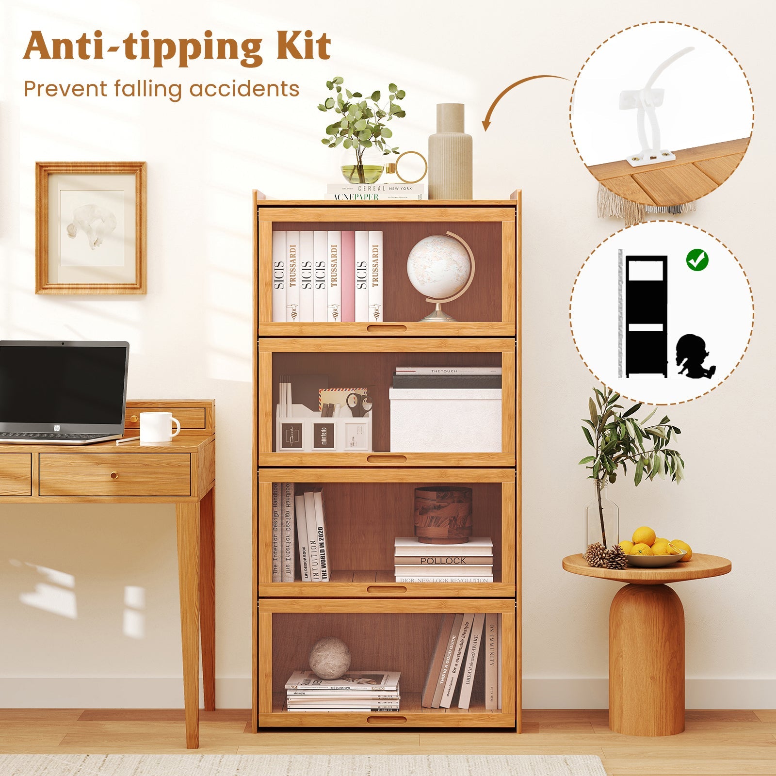 4-Tier Bamboo Bookcase with Doors for Study Room Living Room-Natural