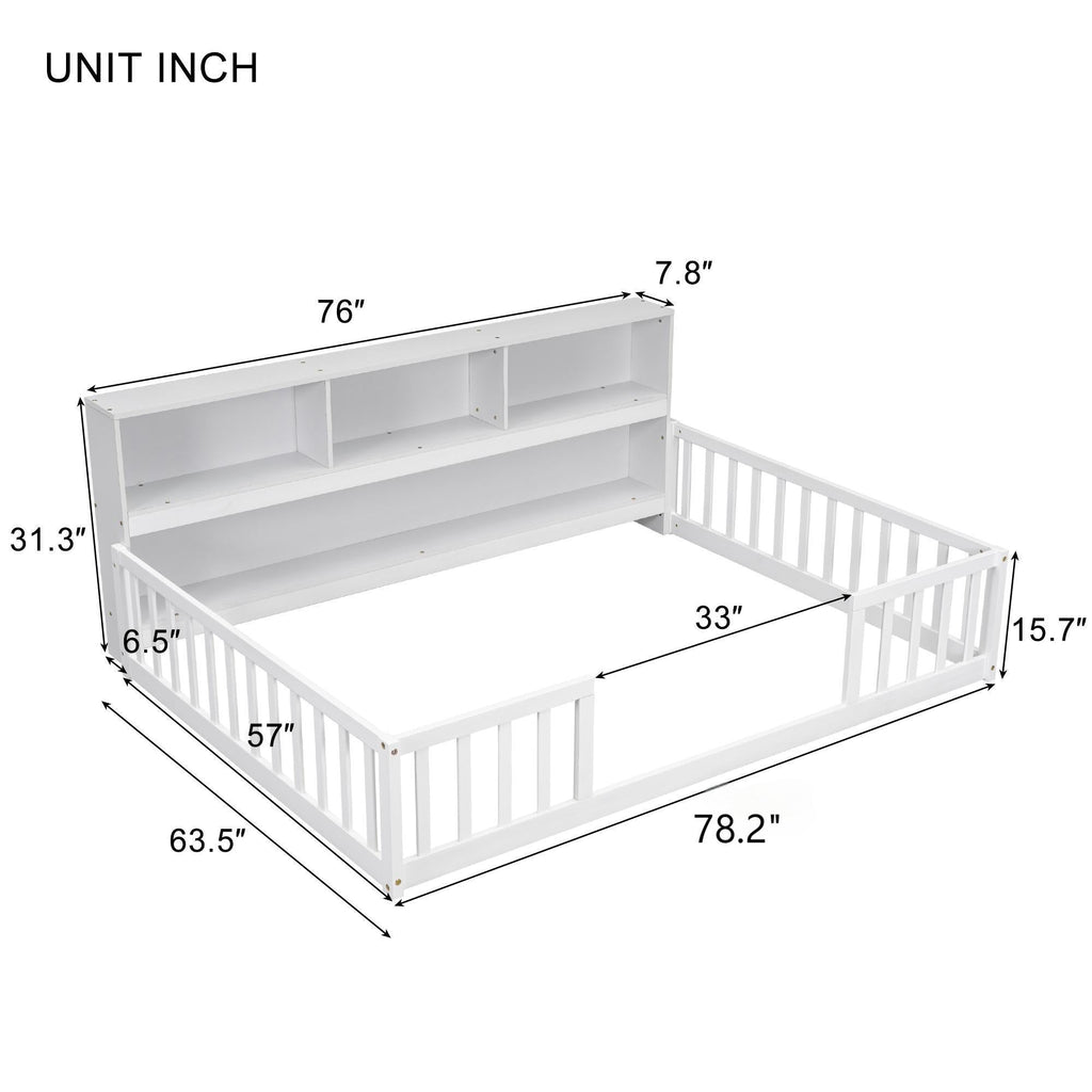 Toddler Full Bed with Side Bookcase,Shelves, & Guardrails - White