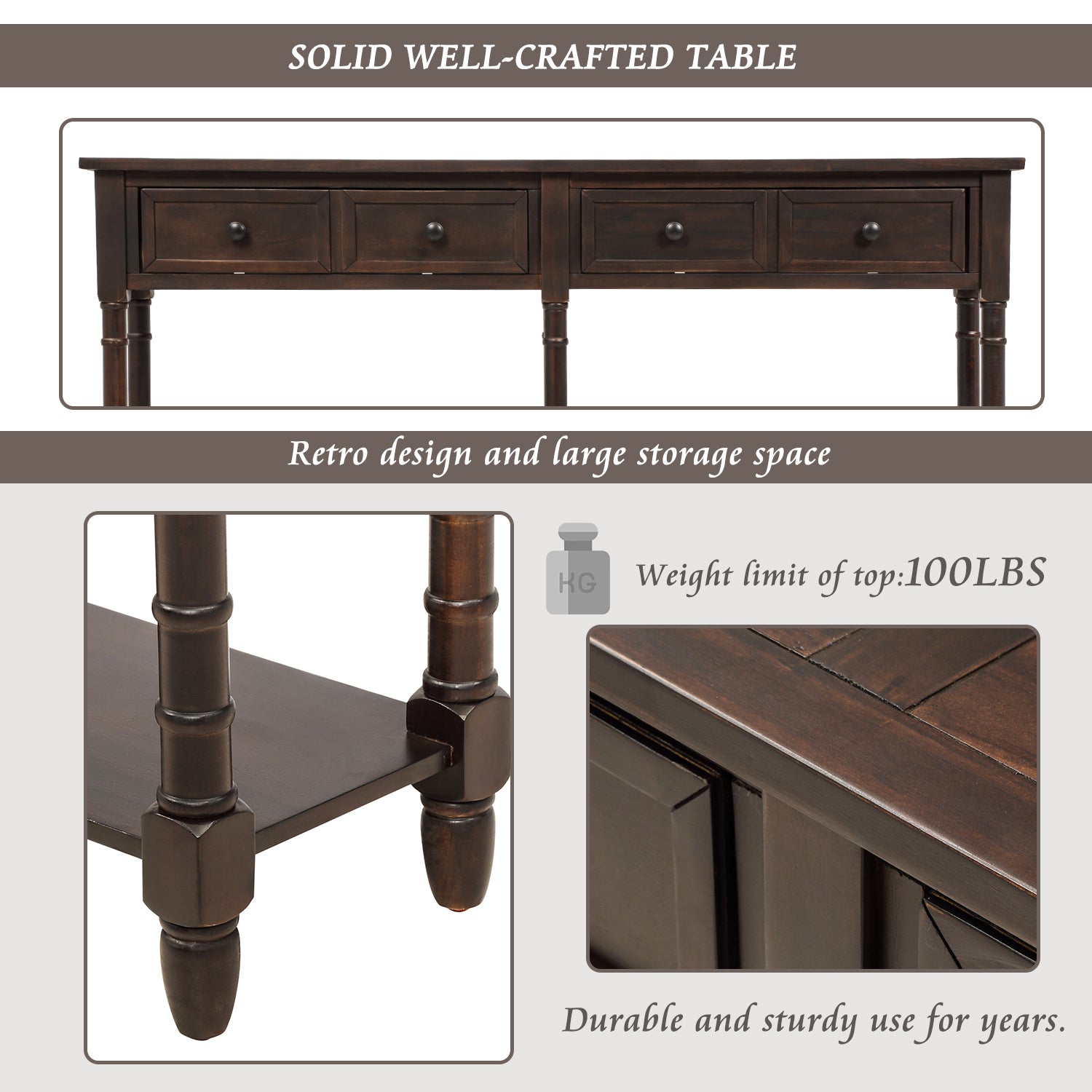 Rustic Entryway Console Table with Drawers and Bottom Shelf for Storage (Espresso)