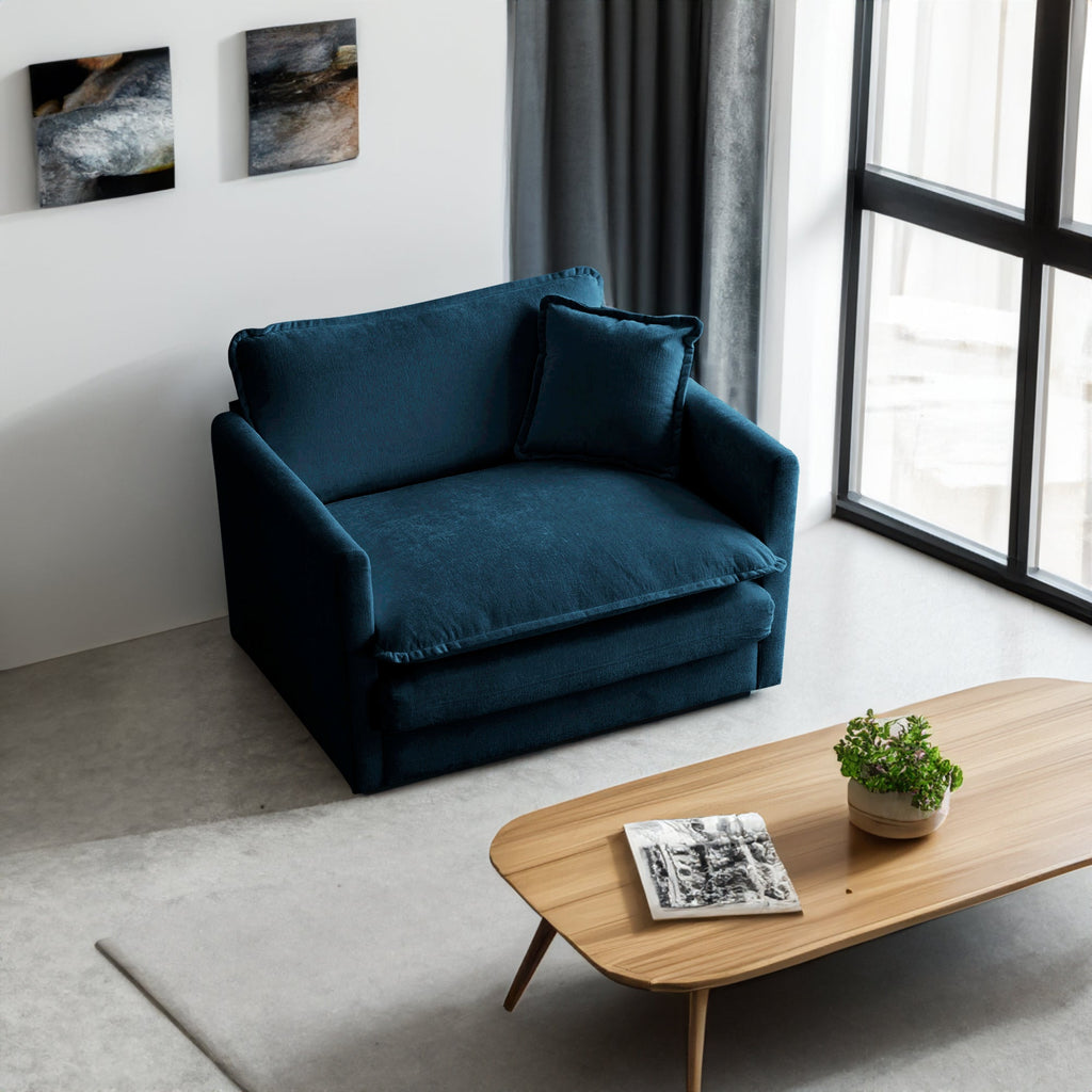 Comfy Deep Single Seat Upholstered Armchair with Blue Chenille Fabric, 1 Toss Pillow