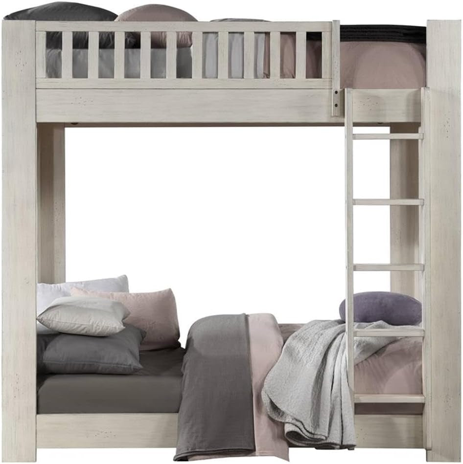Wooden Twin Over Twin Bunk Bed With Ladder - Weathered White