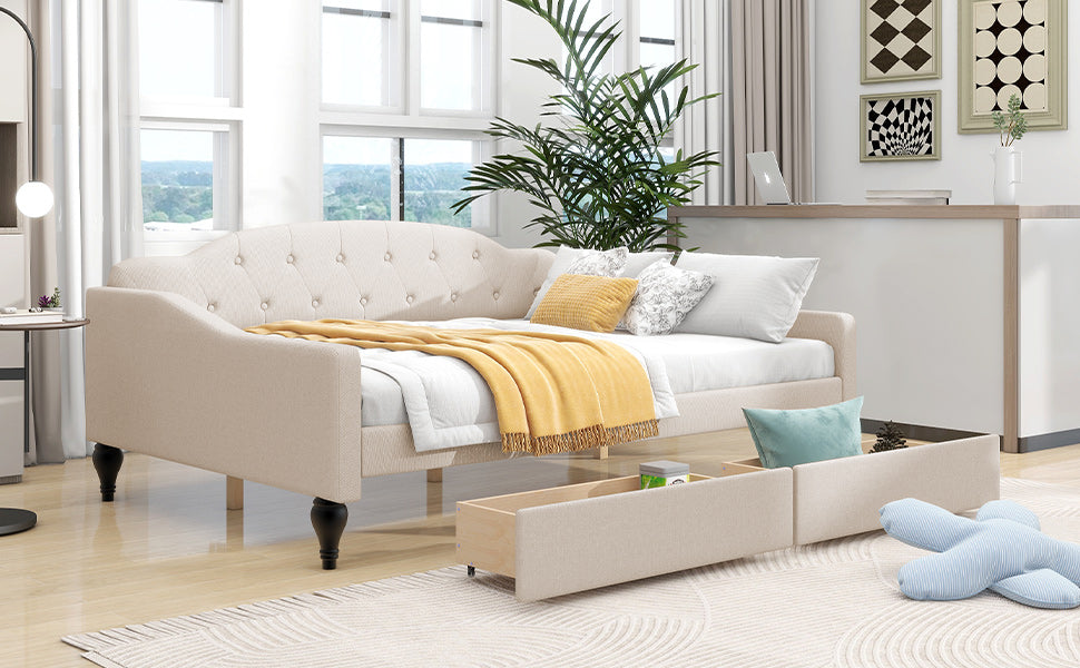 Full Size Upholstered Tufted Daybed with Two Drawers- Beige