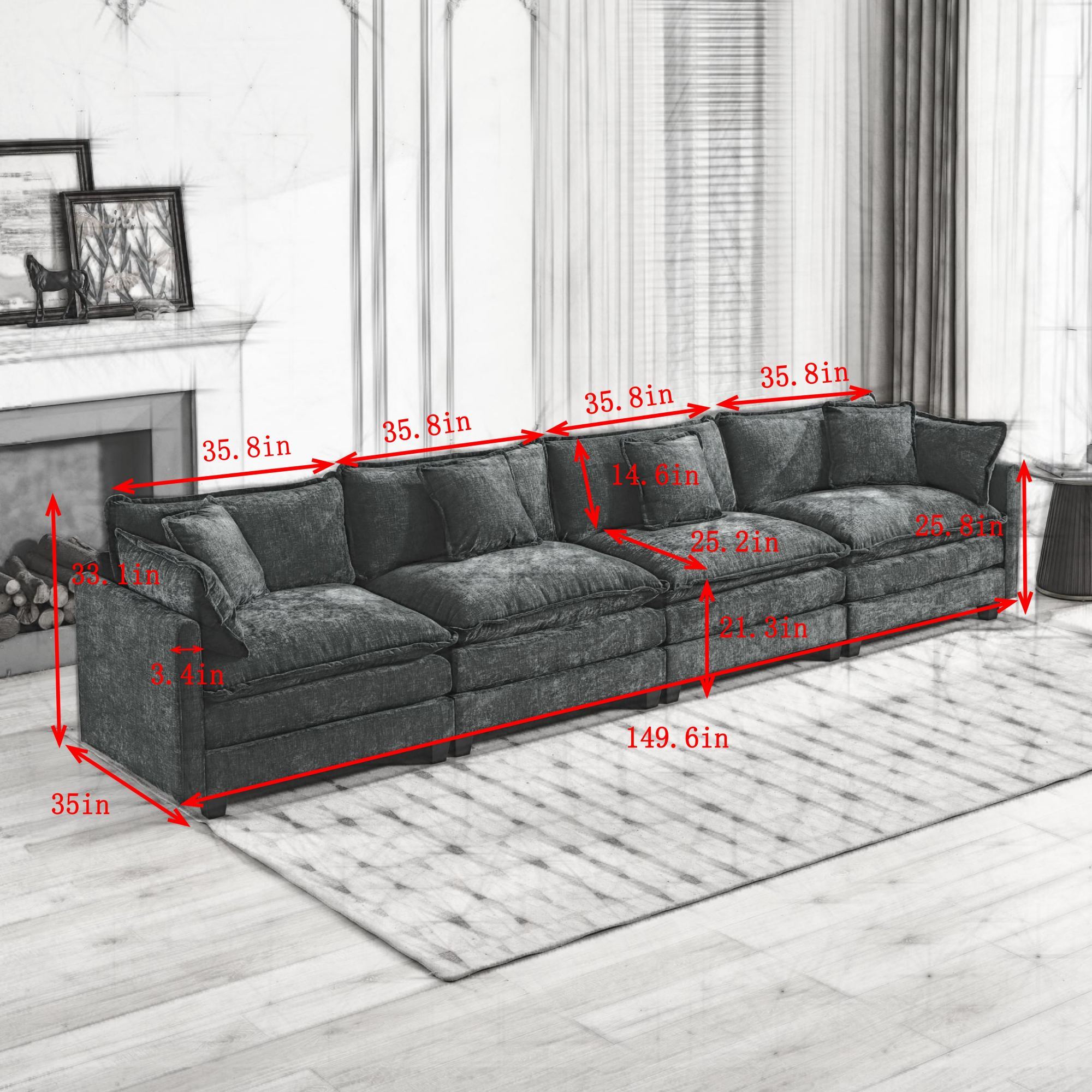 Cloud 4-Seats Sofa with Chenille Fabric in Beige - Ottoman not included