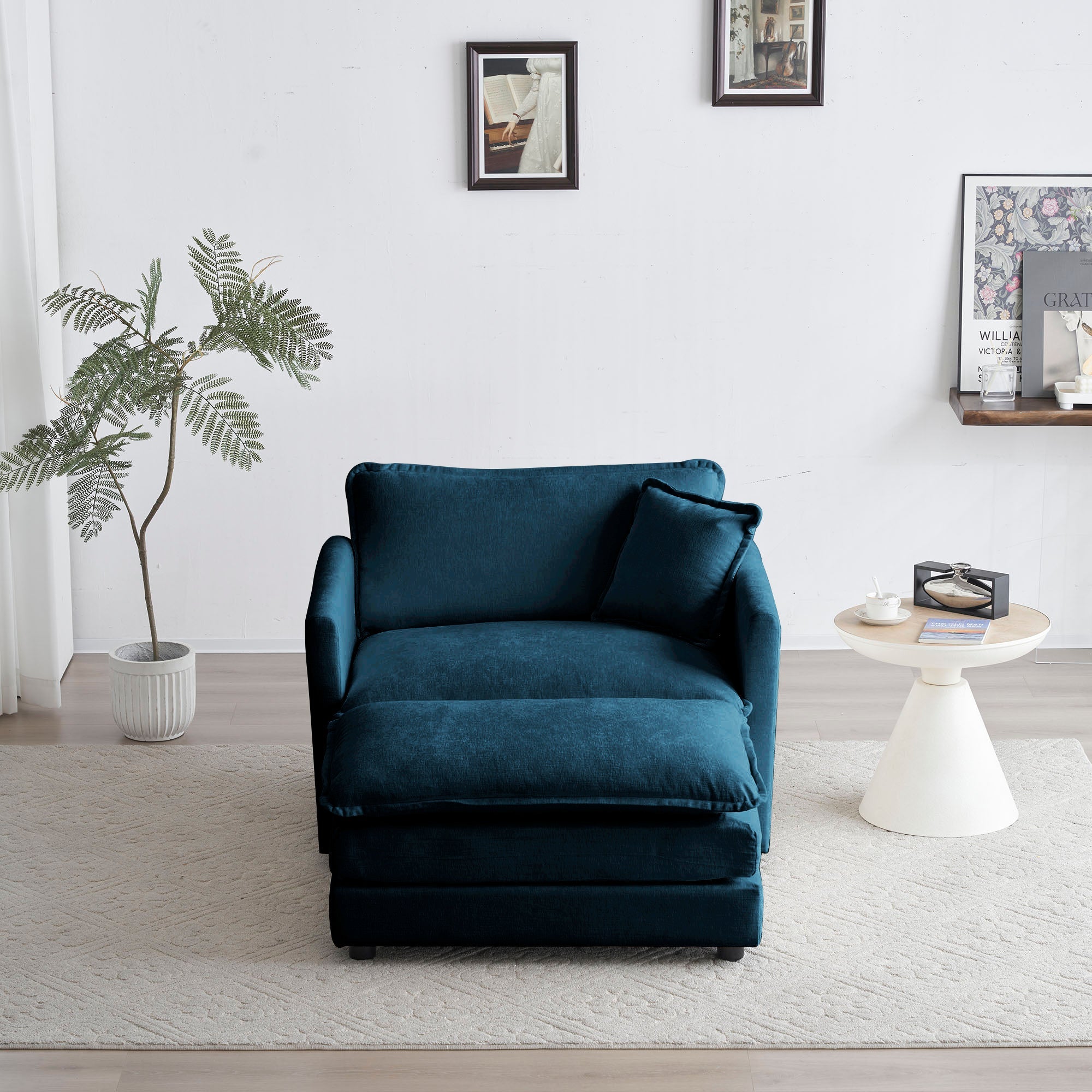 Comfy Oversized Chenille Armchair with Ottoman - Blue