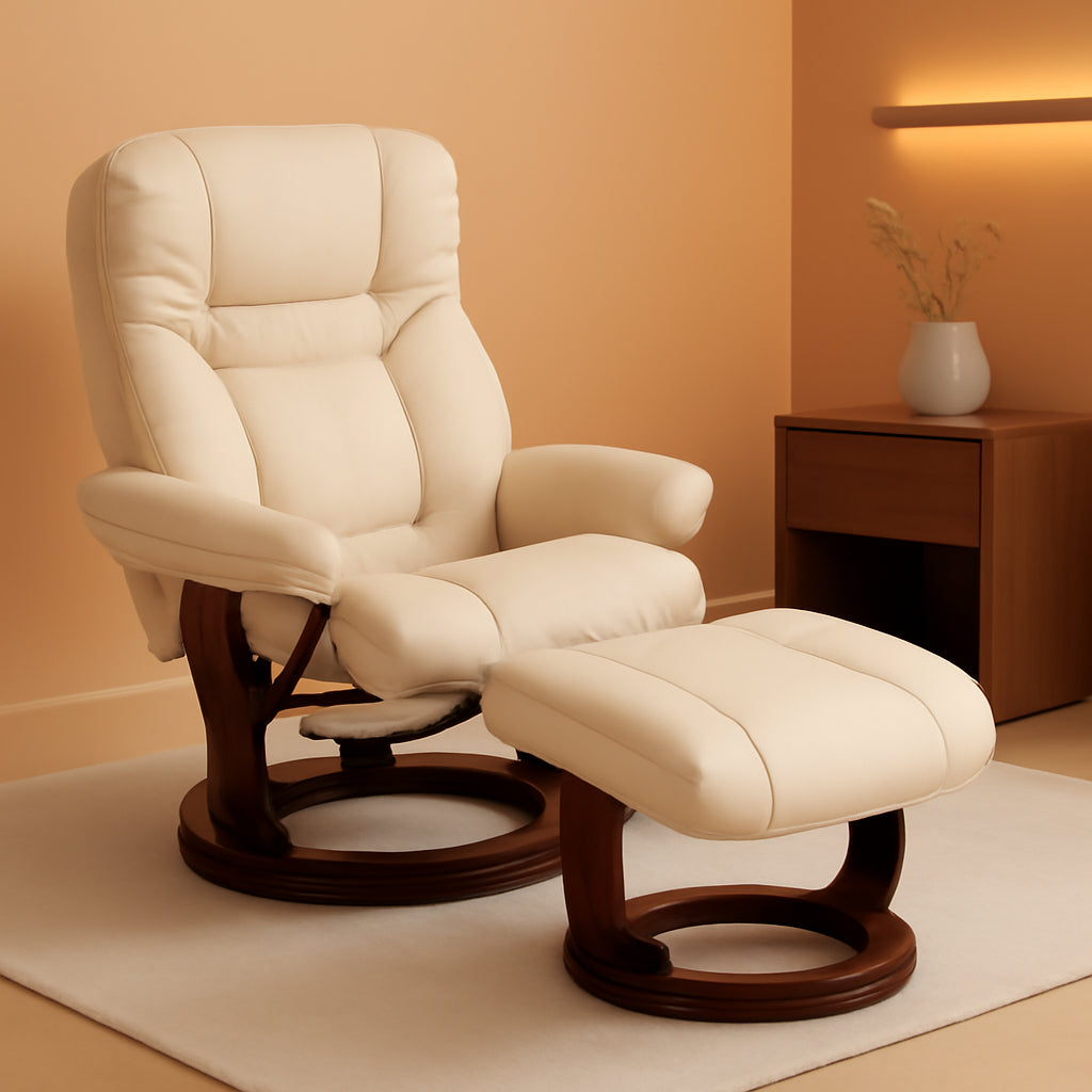 Beige Leathersoft Upholstered Recliner With Ottoman