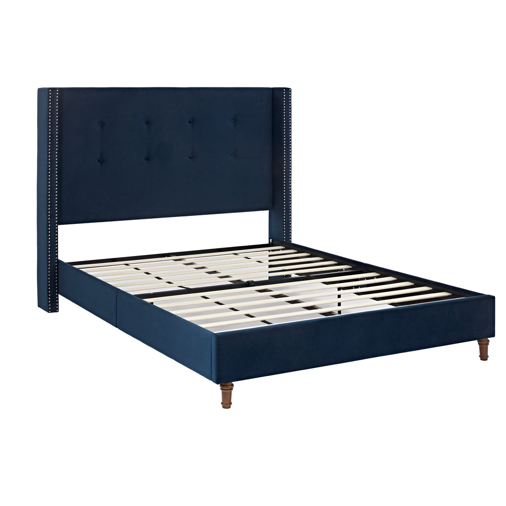Peyton Upholstered Queen Bed with High Headboard and Traditional Buttoned Tufting in Blue Velvet