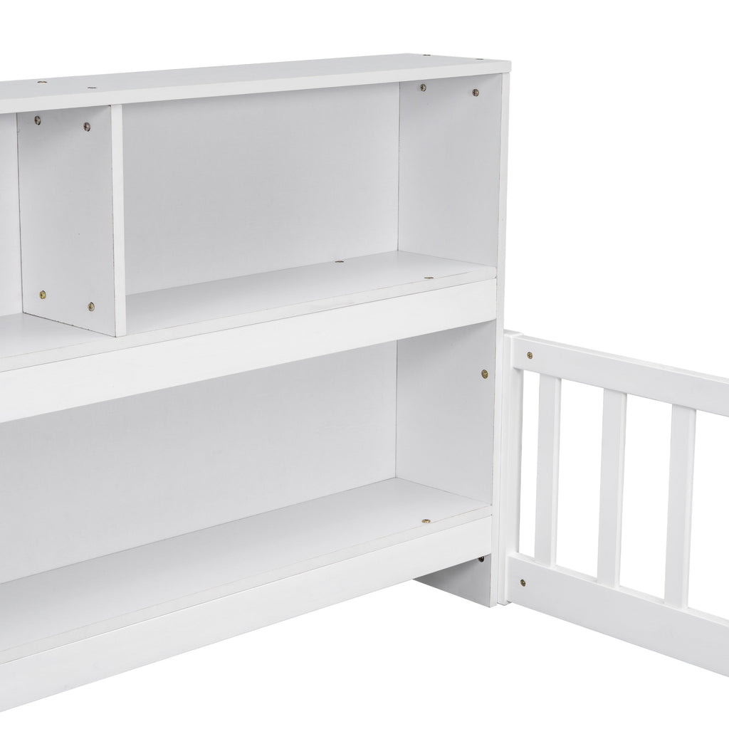 Toddler Full Bed with Side Bookcase,Shelves, & Guardrails - White