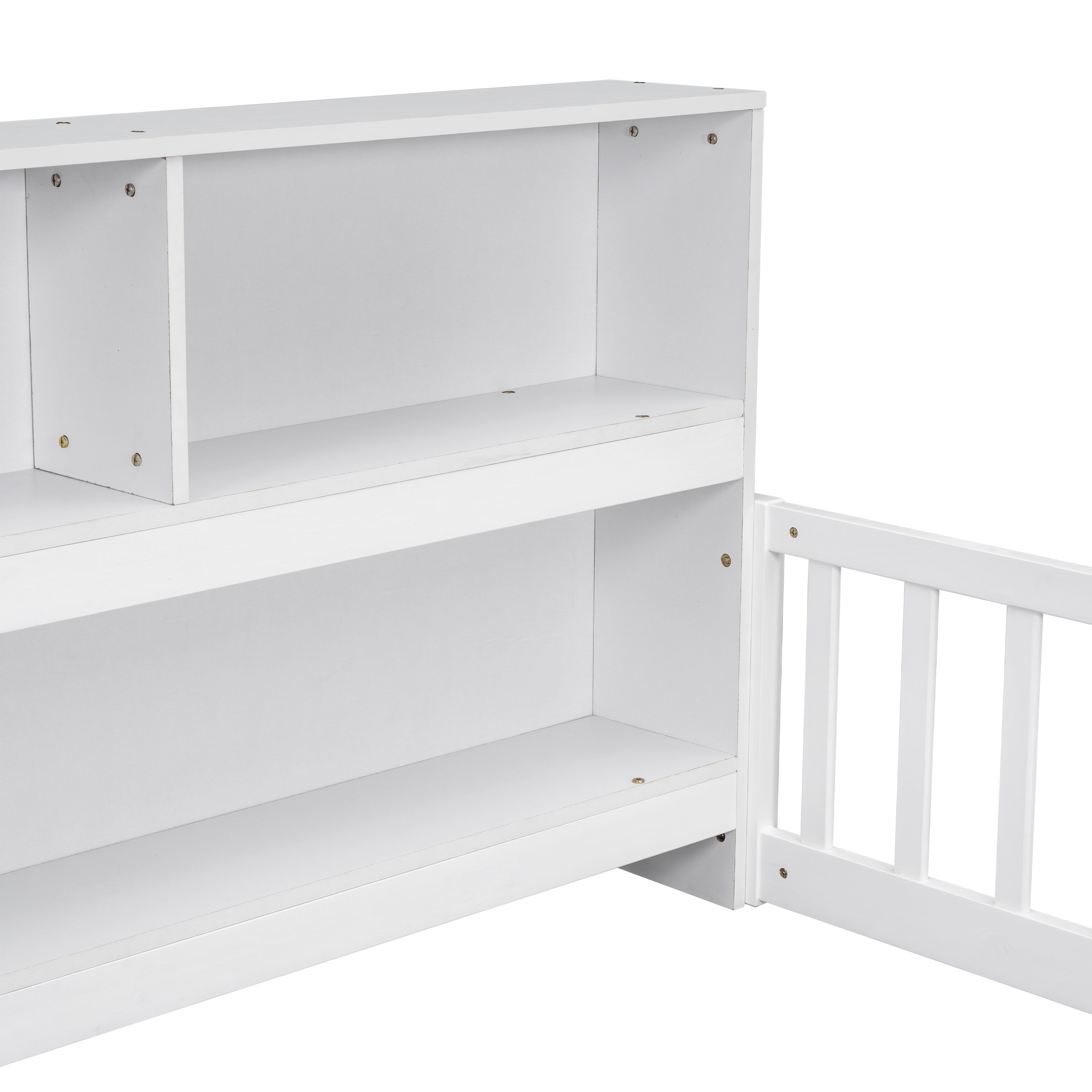 Toddler Full Bed with Side Bookcase,Shelves, & Guardrails - White