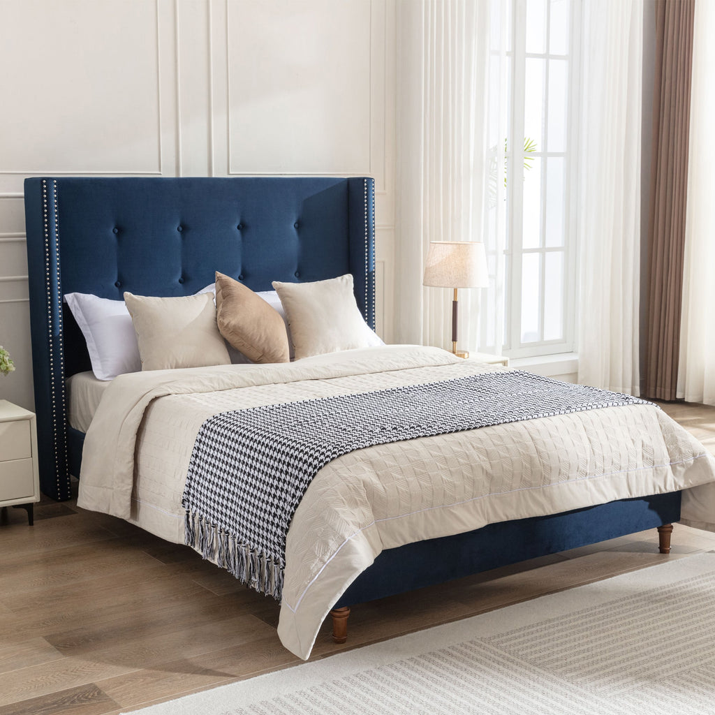 Peyton Upholstered Queen Bed with High Headboard and Traditional Buttoned Tufting in Blue Velvet