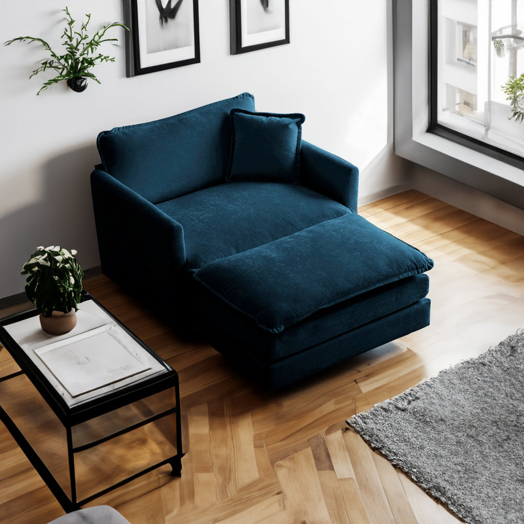 Comfy Oversized Chenille Armchair with Ottoman - Blue