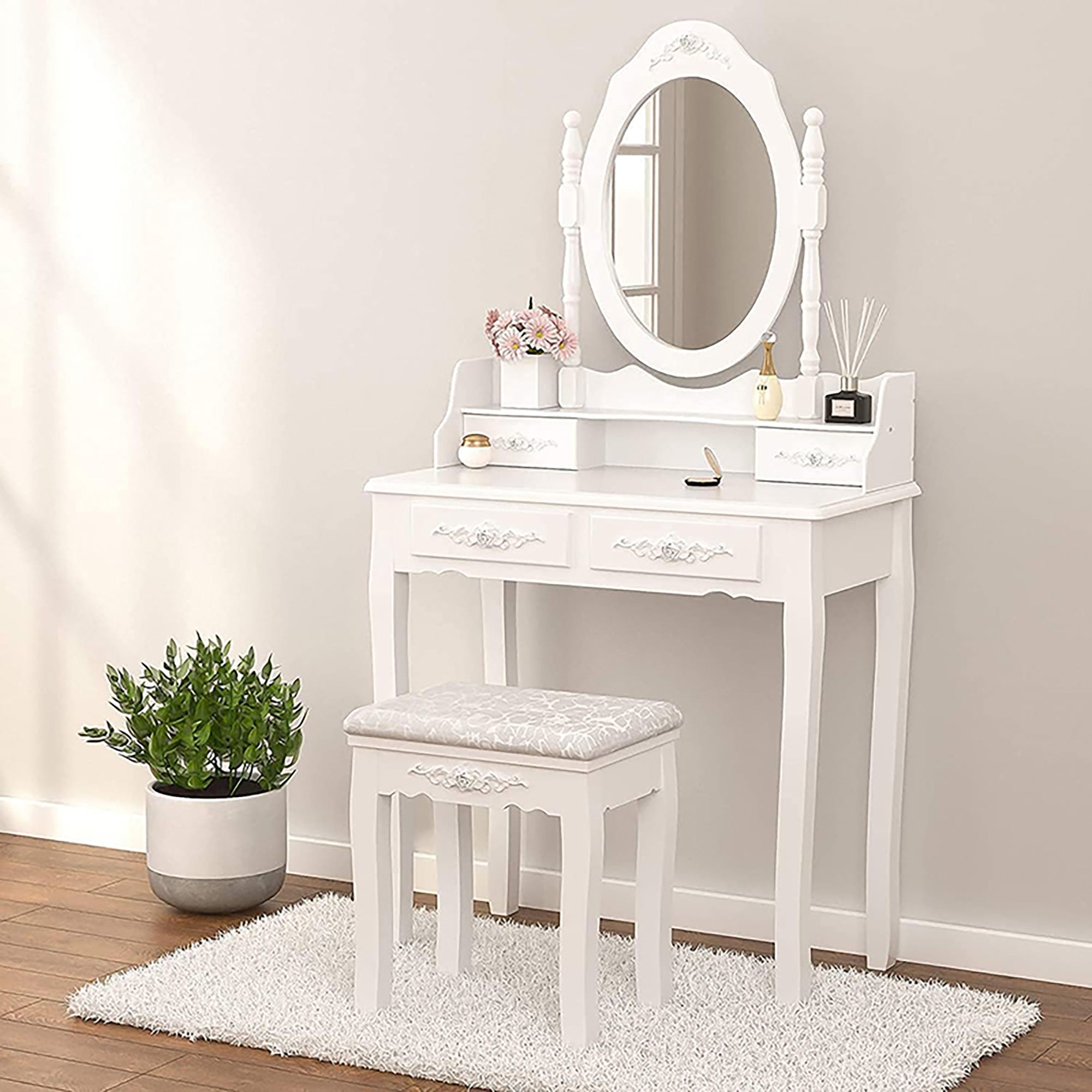 Elegant White Vanity Table Set with Oval Mirror, 4 drawers, & Cushioned Stool