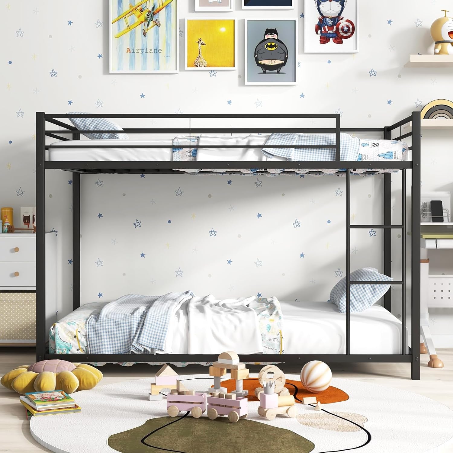 Metal Bunk Bed Twin Over Twin With Safety Guard Rails - Black